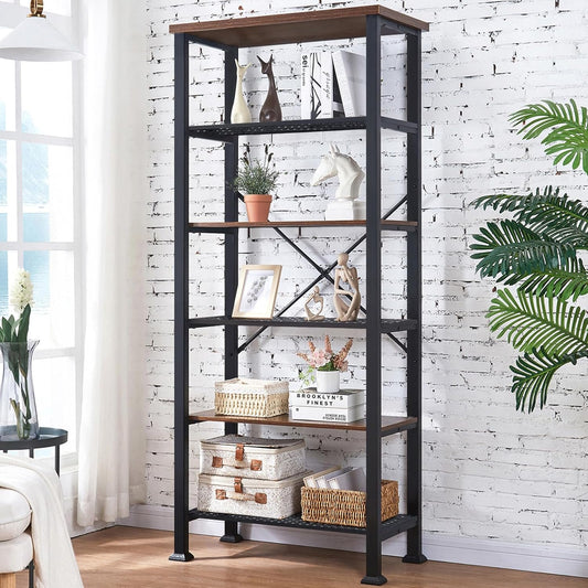 HOMBAZAAR 6 Tier Bookshelf,Rustic Brown Industrial Book Shelf,Engineered Wood and Metal Deep Bookcases,Tall Shelf Bookcase for Living Room,Office,Bedroom and Kitchen
