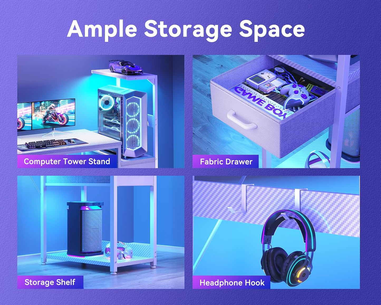 Casaottima 48 Inch Gaming Desk with Storage & LED Lights, Reversible Computer Desk with Display Shelves & Fabric Drawer, Modern Gamer Desk Table with Side Headphone Hook, Carbon Fiber White