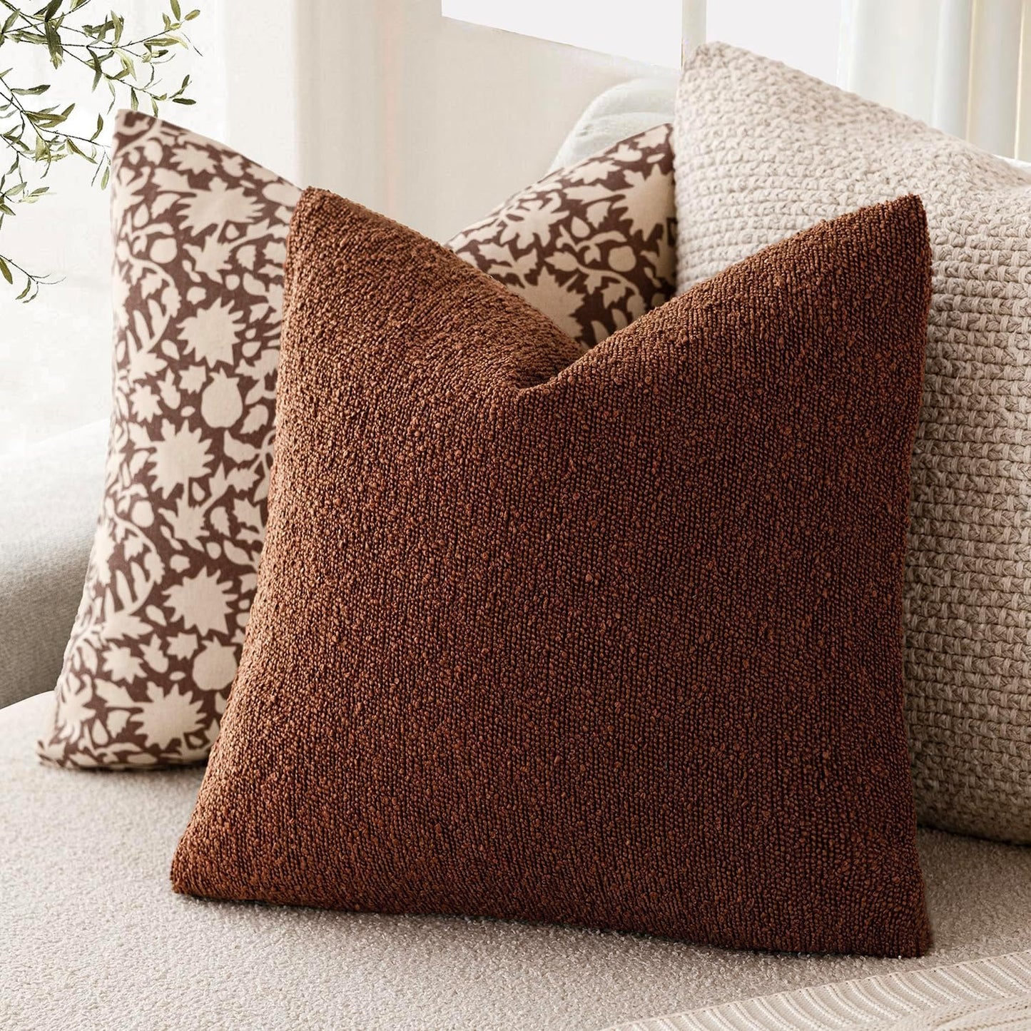 Foindtower Pack of 2 Textured Boucle Throw Pillow Covers Accent Solid Pillow Cases Cozy Soft Decorative Couch Cushion Case for Chair Sofa Bedroom Living Room Home Decor 18x18 Inch Red Taupe