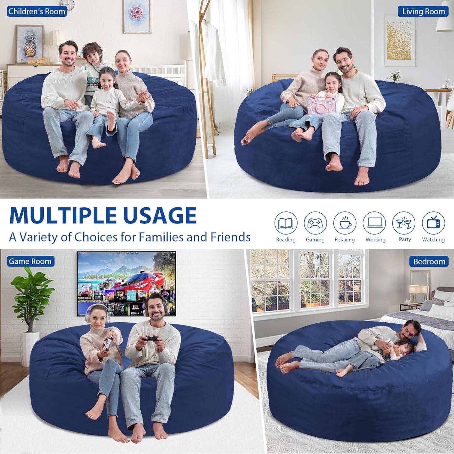 6FT Bean Bag Chair, Large Bean Bag Chairs with Memory Foam Filled, Fluffy Beanbag Sofa with Dutch Velvet Cover, Round BeanBag Chairs for Living Room, Playroom - Blue