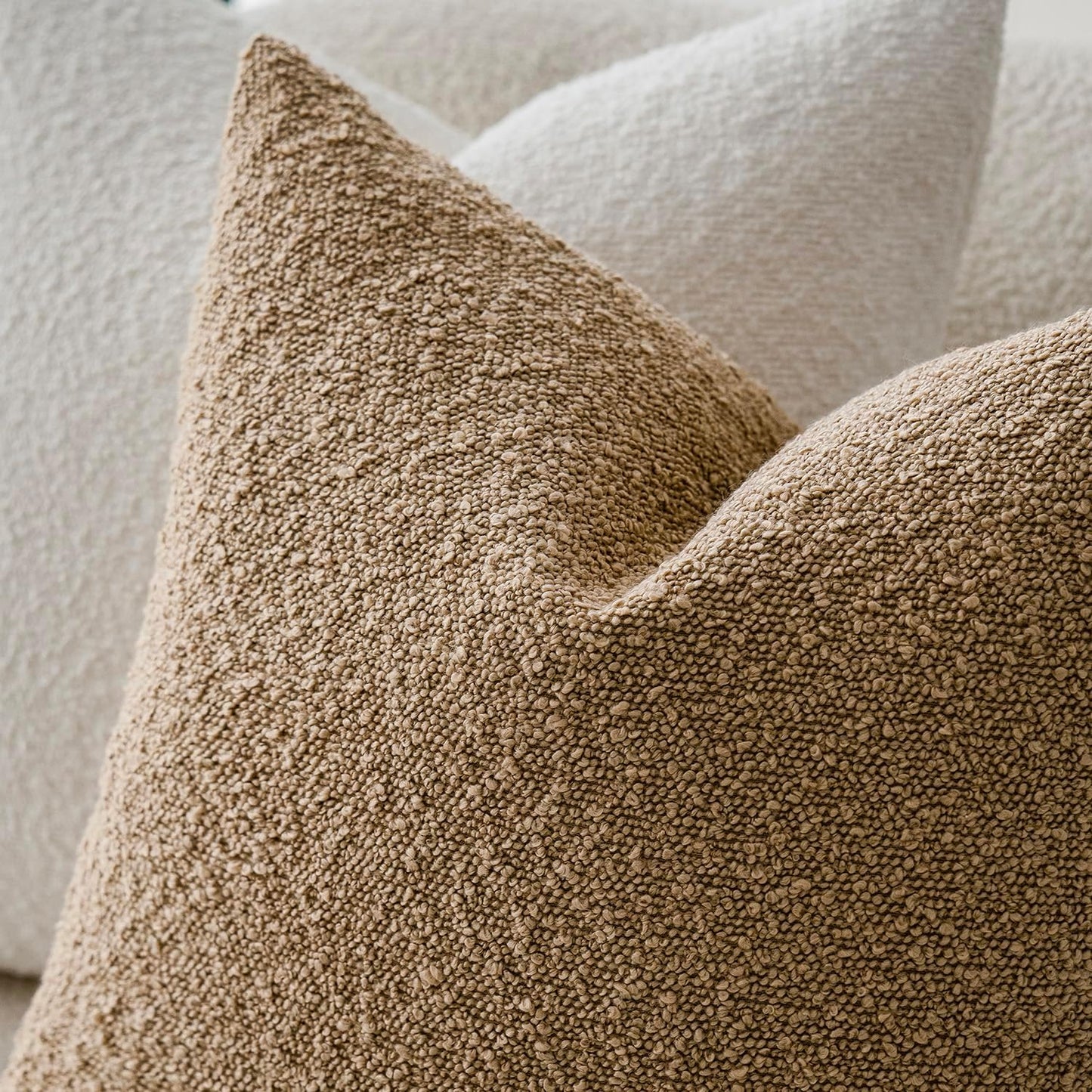 Foindtower Set of 2, Decorative Textured Boucle Throw Pillow Covers Accent Solid Pillow Cases Soft Cozy Couch Cushion Case for Chair Sofa Bedroom Living Room Home Decor 24 x 24 Inch Taupe Khaki Camel