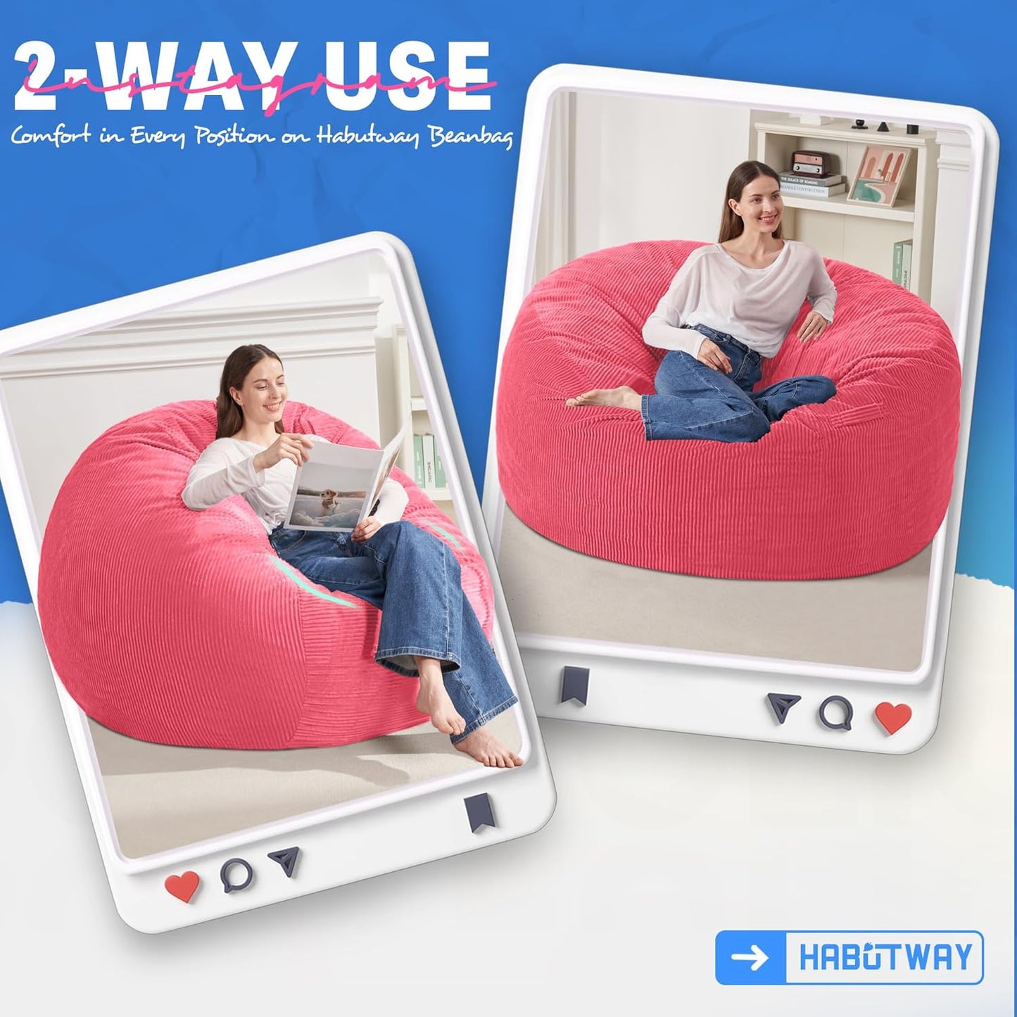 HABUTWAY 3FT Bean Bag Chair,Giant Bean Bag Chairs for Adults,Big Bean Bags with Memory Foam Filled, Large Beanbag Chairs with Soft Corduroy Cover-Pink