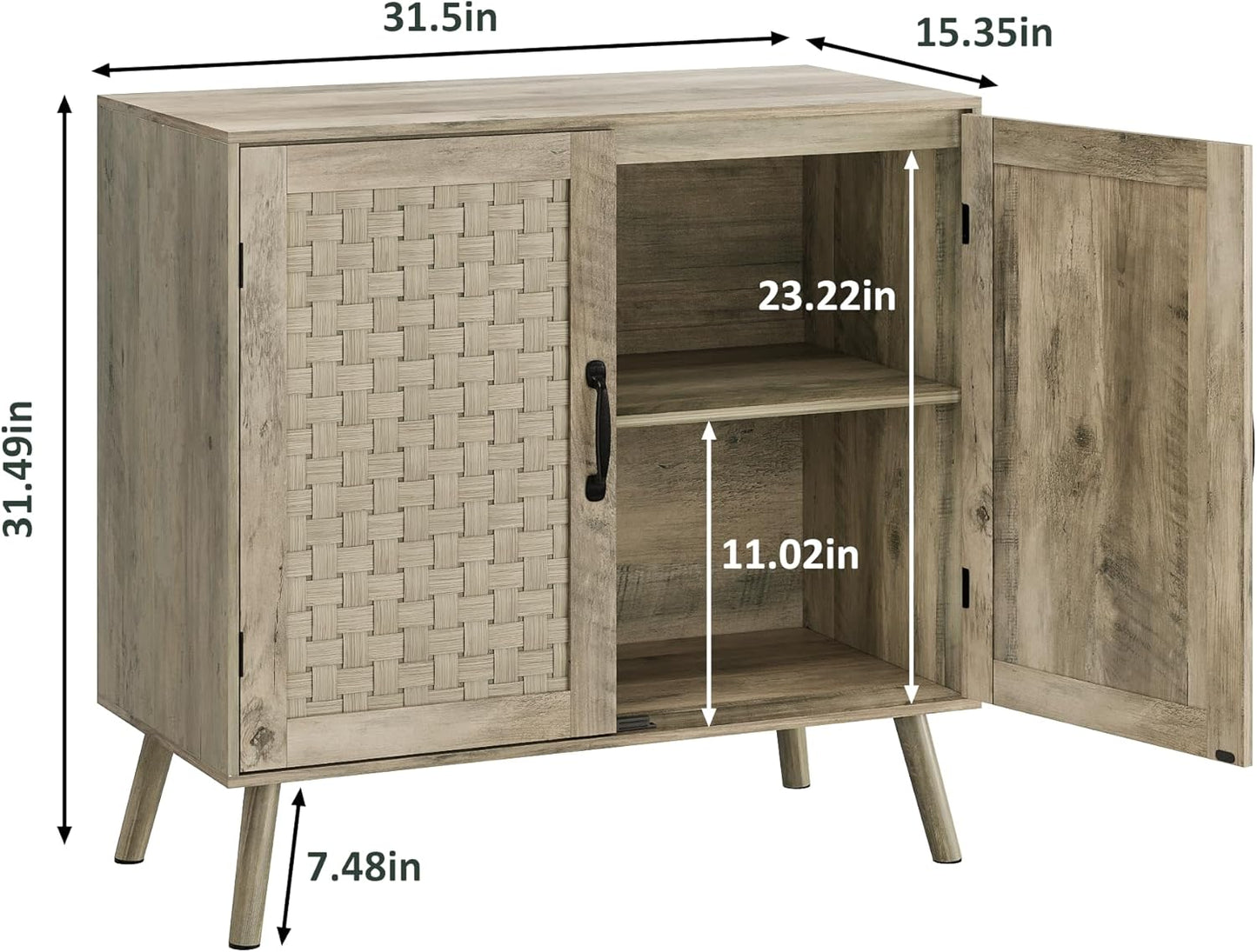 Farmhouse Sideboard Cabinet, Buffet Storage Cabinet with Handmade PVC Rattan Decor Doors & Adjustable Shelf, Wood Accent Table Coffee Station for Kitchen, Living Room, Entryway, Grey Oak