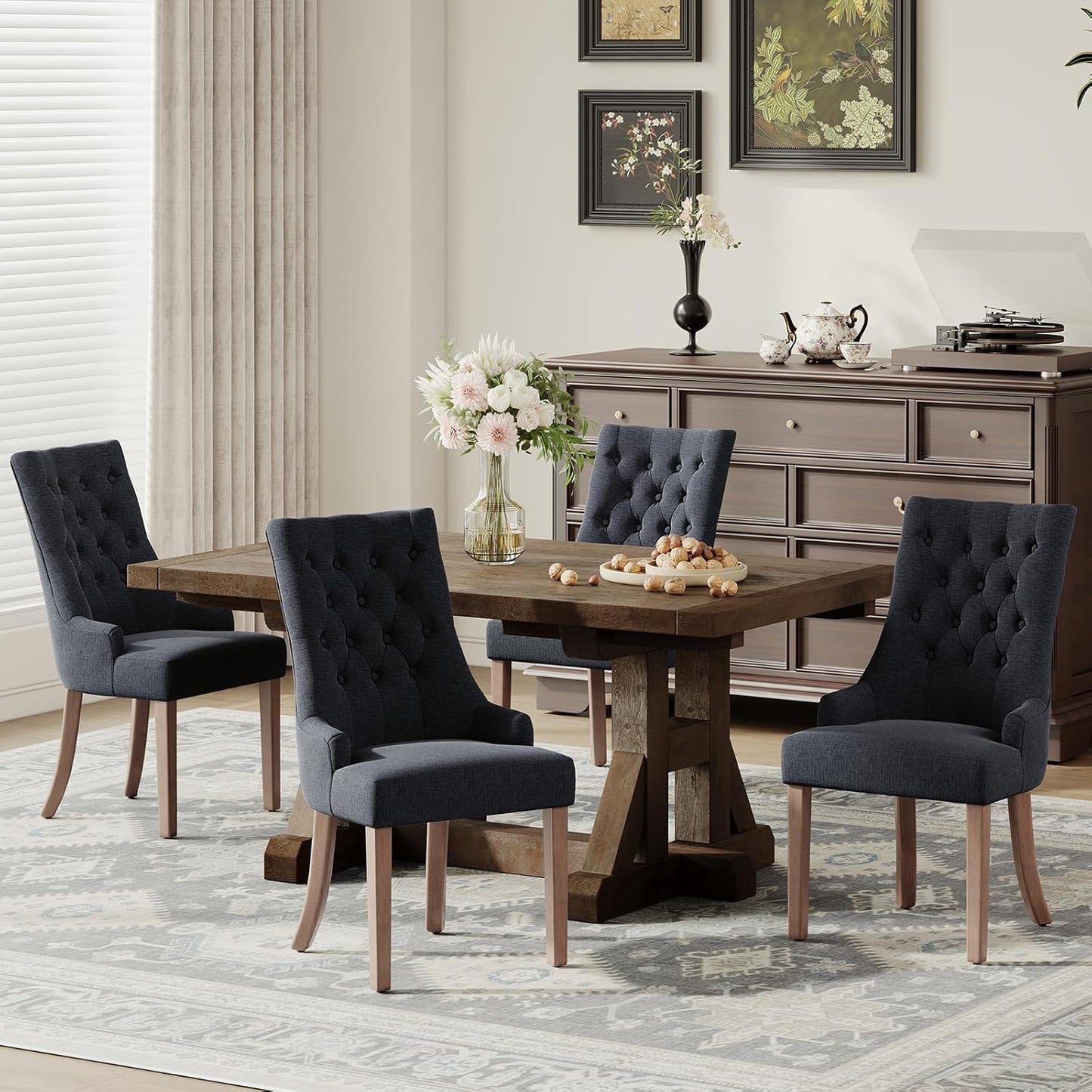 COLAMY Wingback Upholstered Side Dining Room Chairs Set of 4, Fabric Dining Chairs with Tufted Button, Living Room Chairs for Home Kitchen, Black