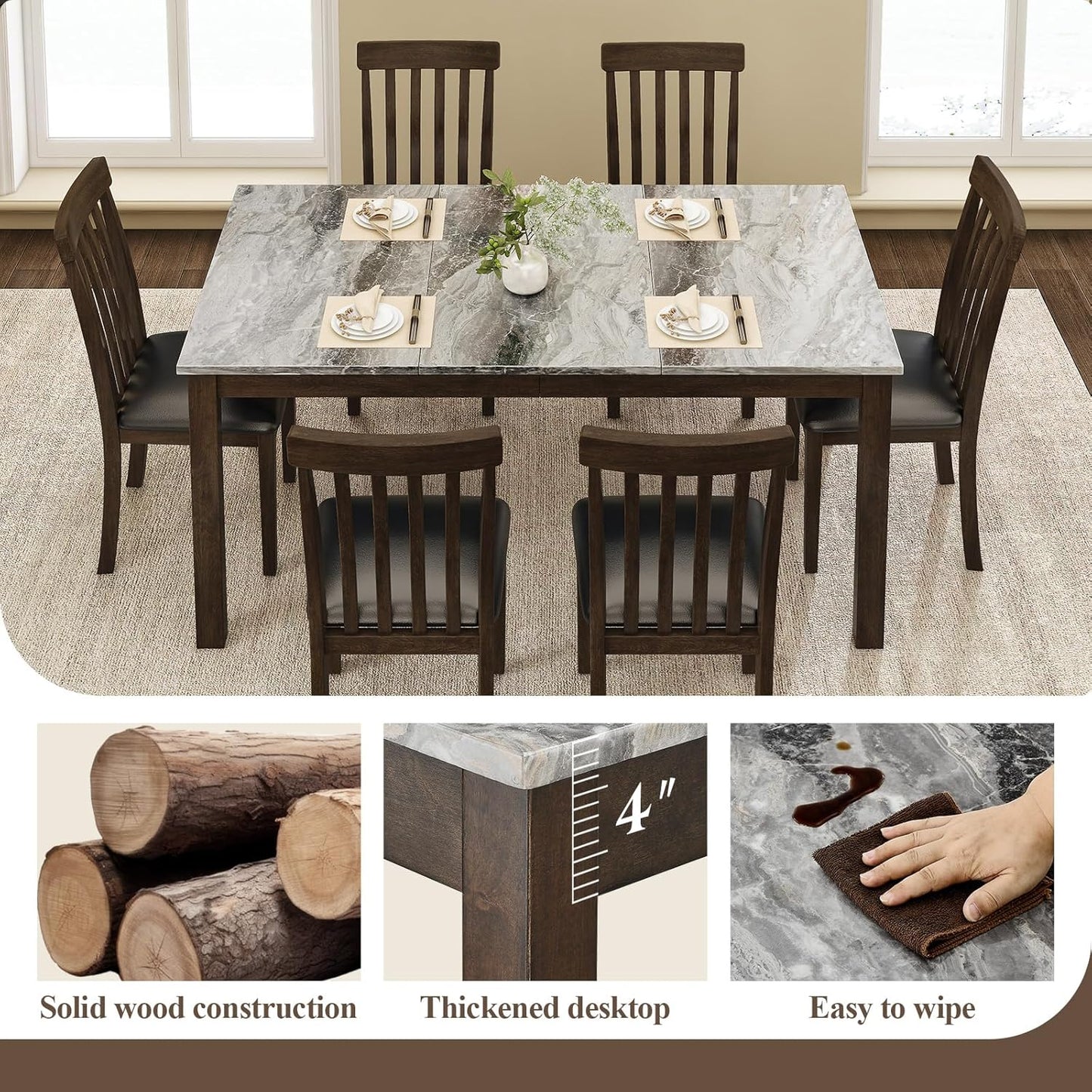 7-Piece Dining Table Set, 71" Faux Marble Kitchen Table with 6 Chairs, Solid Wood Curved Backrests & PU Cushioned Seats, Kitchen Table Chairs Set for Living Room, Dining Room