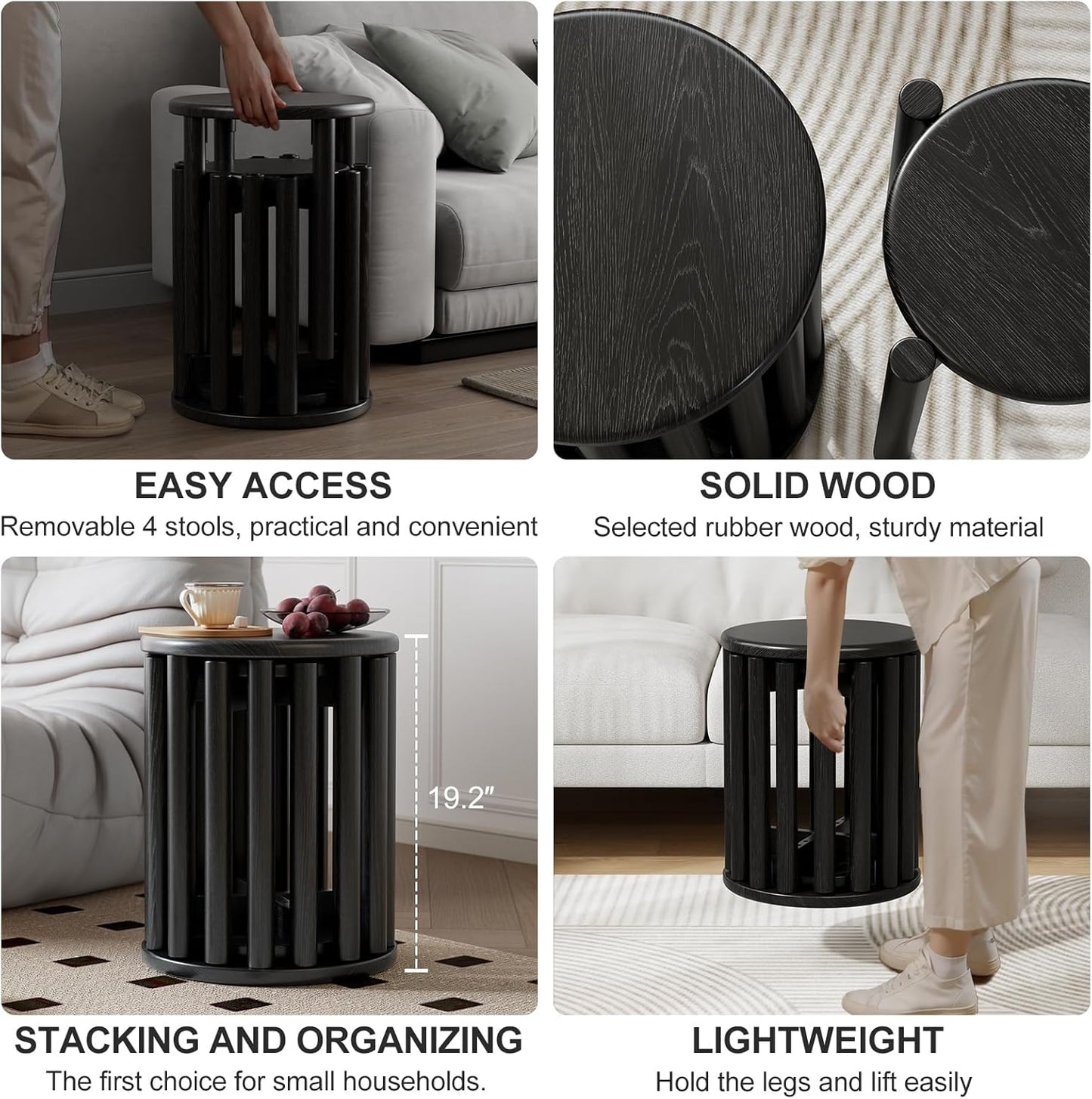 Stackable Stools Set of 4,Wood Stool,18 Inch Stool,Stacking Stools,Nesting Table,Sturdy and Durable,No Installation Required,Top Stackable Round Side Table (Black Barstool)