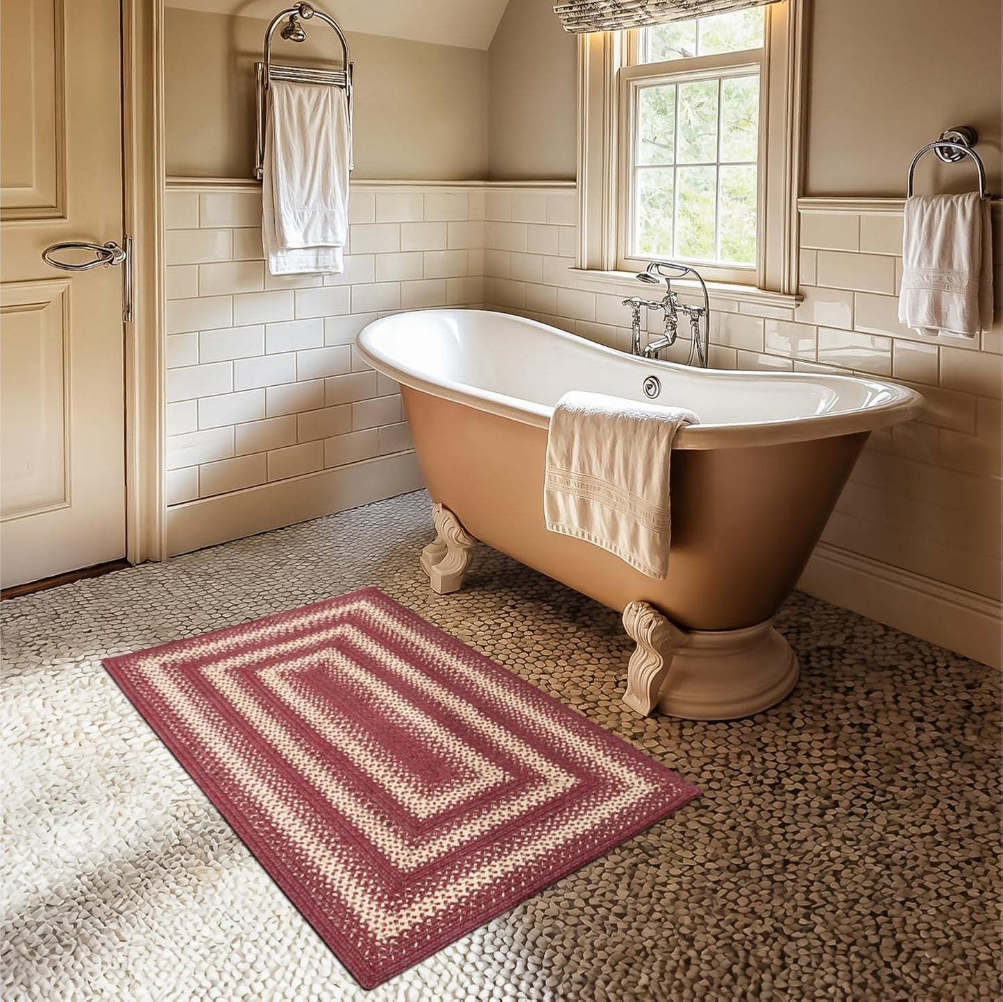 Autumn Maple Burgundy and Tan Small Braided Rug, Jute, 27"x45" Rectangle - Rustic Primitive Decor for Entryway, Bathroom, Everywhere