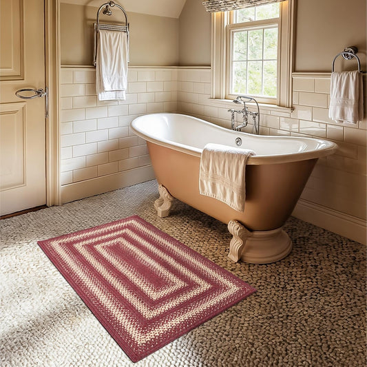 Autumn Maple Burgundy and Tan Small Braided Rug, Jute, 27"x45" Rectangle - Rustic Primitive Decor for Entryway, Bathroom, Everywhere