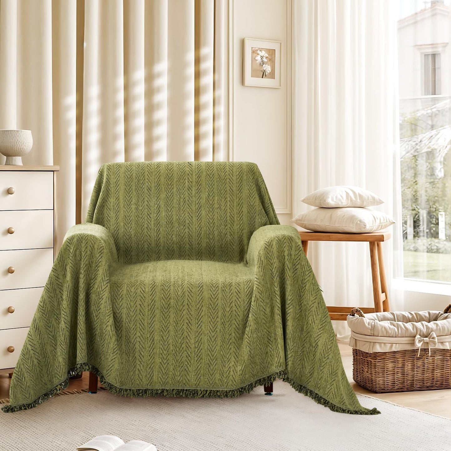 Nobildonna Sofa Chair Cover Waterproof Soft Thicken Chenille Cushion Couch Cover with Tassels,Washable Sofa Slipcovers for Armchair Recliner Sectional Furniture Protector, Green 71"x71"