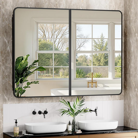 40x30 Inch Black Medicine Cabinet Mirror Metal Framed Recessed Bathroom Medicine Cabinets with Mirror and Storage Wall Mounted