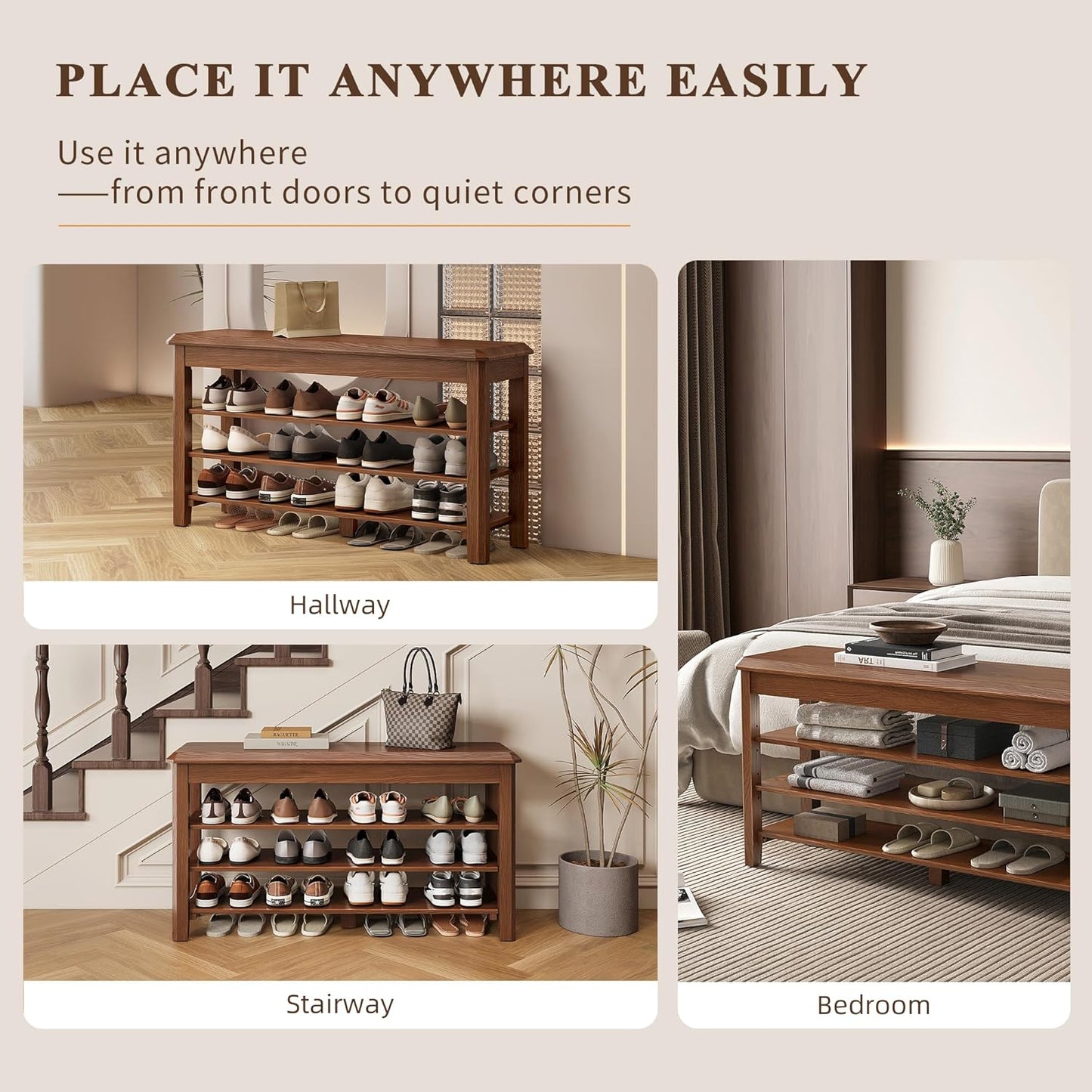 Shoe Rack for Front Door Entrance, Solid Wood Shoe Bench for Closet, Holds Up to 550lbs, Shoe Rack Bench for Entryway, Mudroom, Hallway