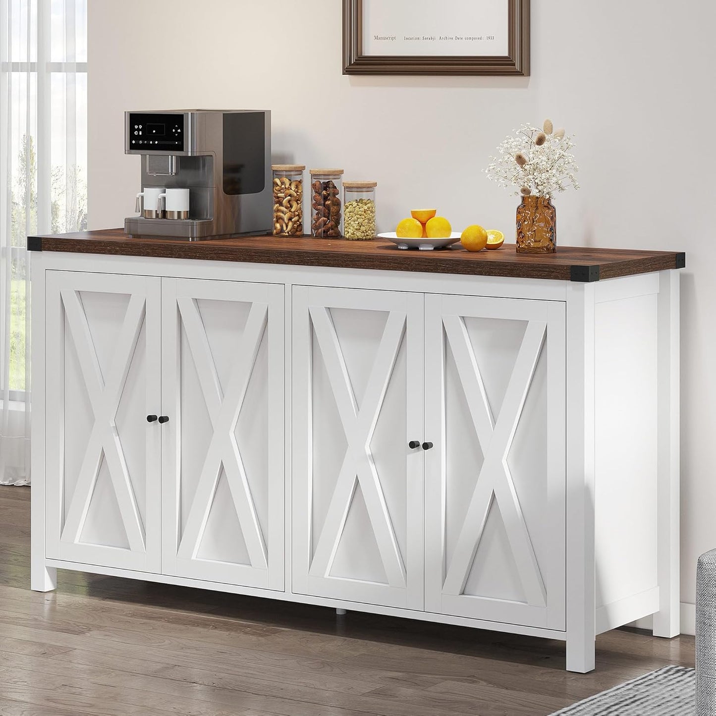 YITAHOME Farmhouse Sideboard Buffet Cabinet with Storage, 55'' Kitchen Storage Cabinet Coffee Bar Cabinets with Adjustable Shelf for Kitchen, Living Room, White