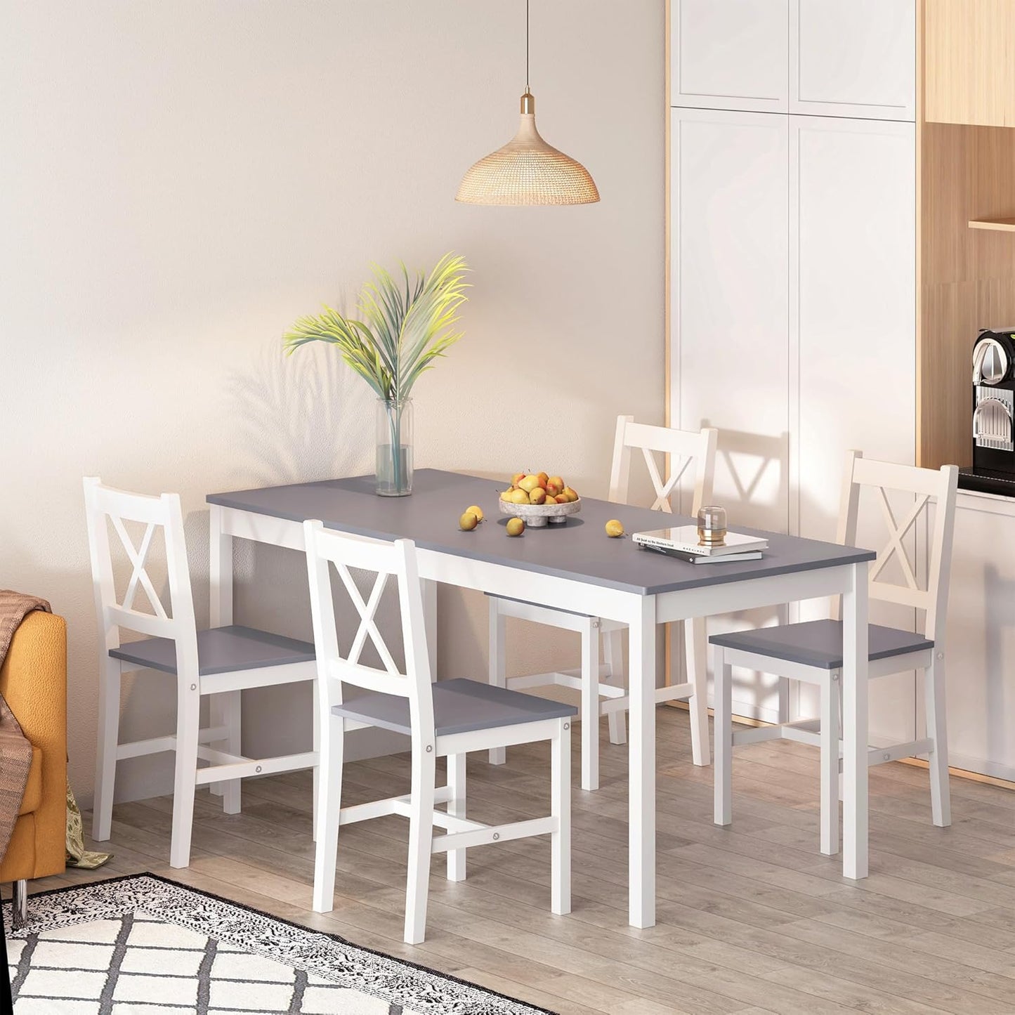 soges 5 Pieces Dining Table Set with 4 Chairs, 47.2 inch Kitchen Pine Wood Table for 4, Rectangular Dining Table Furniture Set for Kitchen, Dining Room, Dinette, White & Grey
