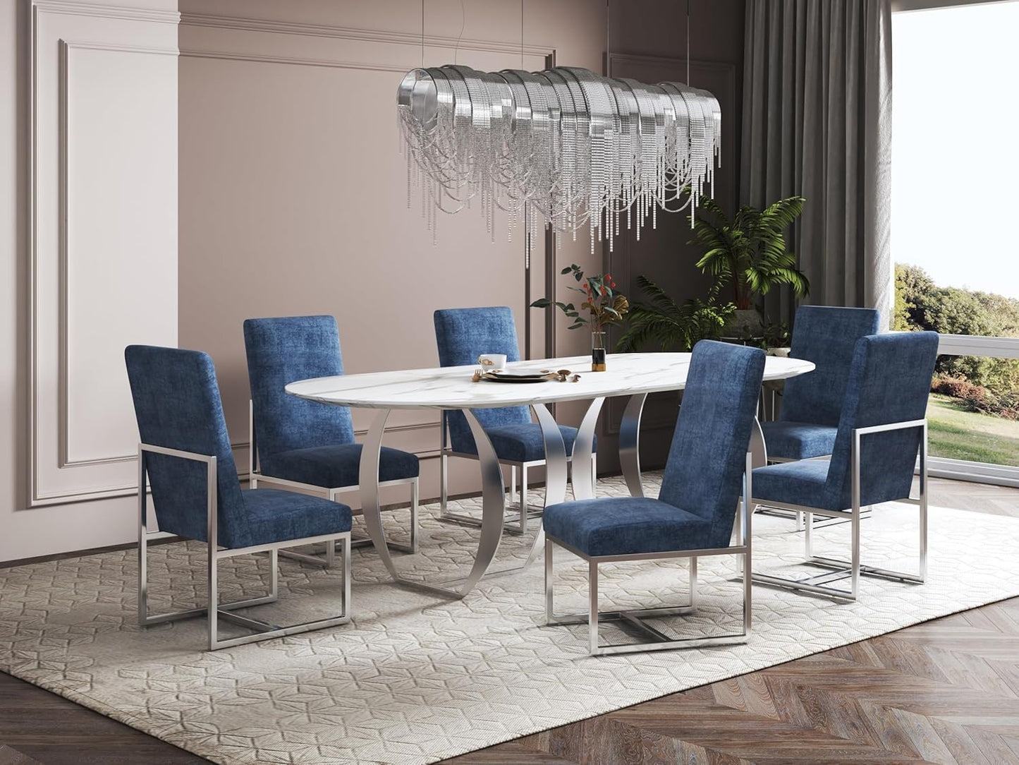 Manhattan Comfort Element Modern Velvet Dining Chairs, High Density Foam, Chrome Finish Stainless Steel Frame, High-Back, Fully Assembled Industrial Chic Accent Furniture, Set of 1, Blue