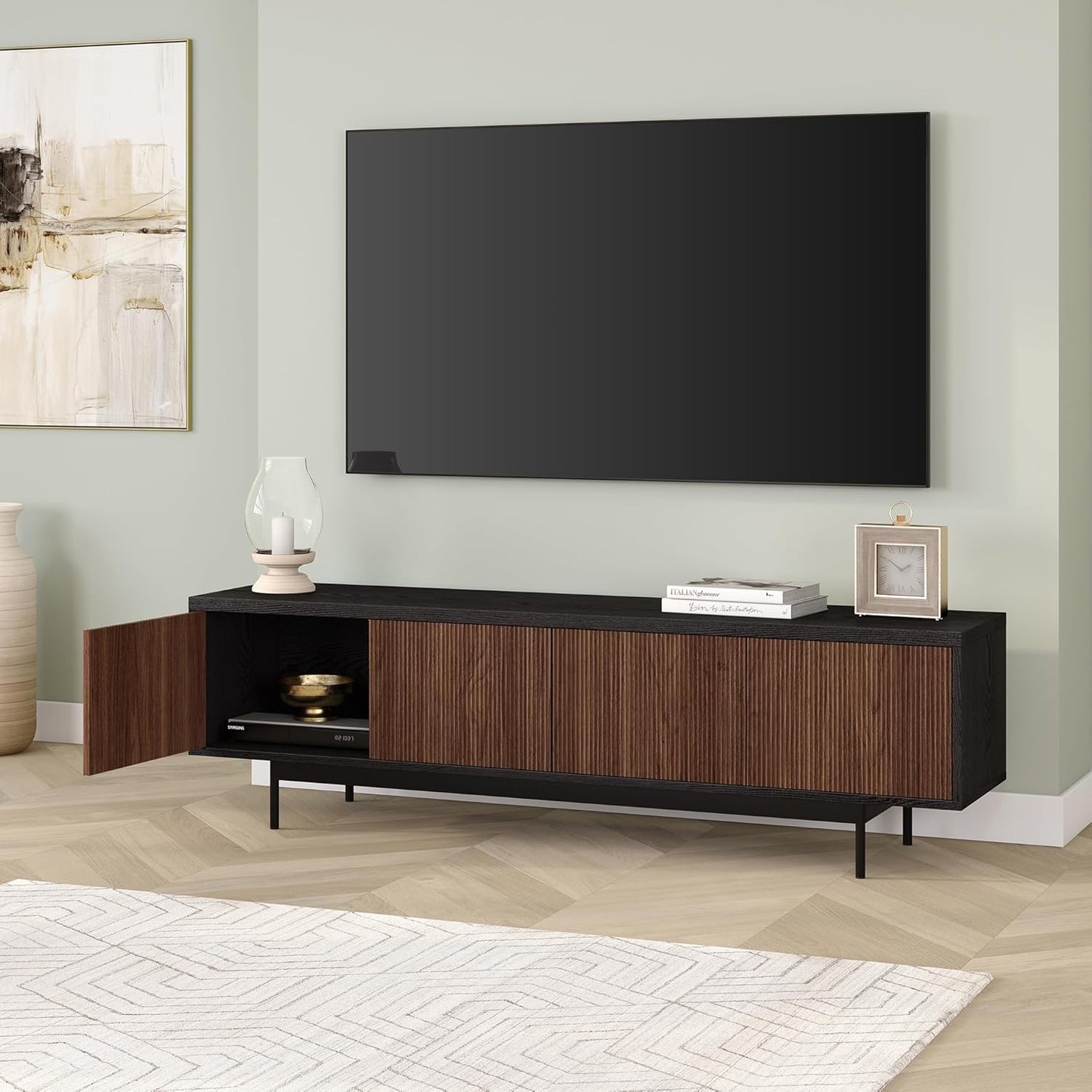 Henn&Hart Rectangular TV Stand for TV's up to 75" in Natural Black/Medium Walnut, for Home, Living Room, Bedroom, Entertainment Room, Office