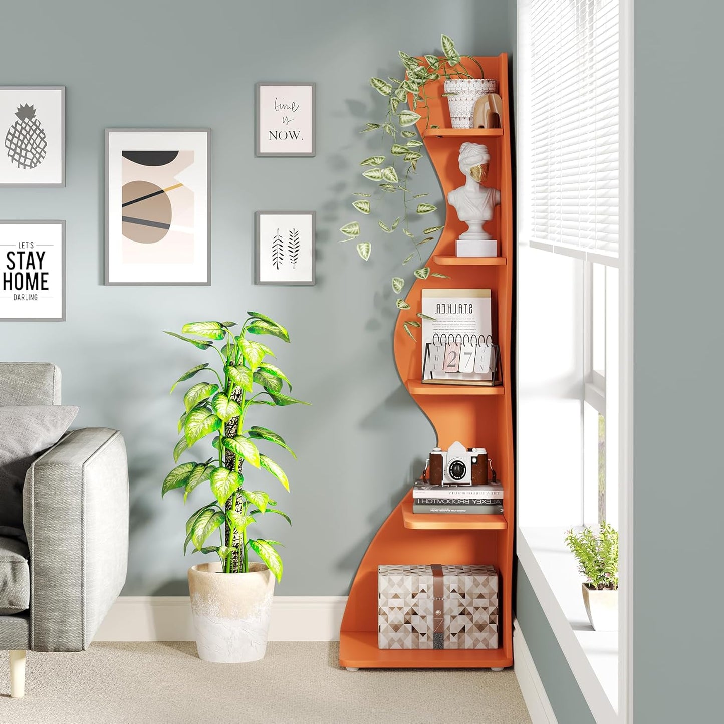 Tribesigns Corner Shelf, Modern 5-Tier Wall Corner Bookshelf, Stylish Corner Small Bookcase Storage Rack Plant Stand with Unique Shape for Living Room, Home Office (Orange, 1PC)
