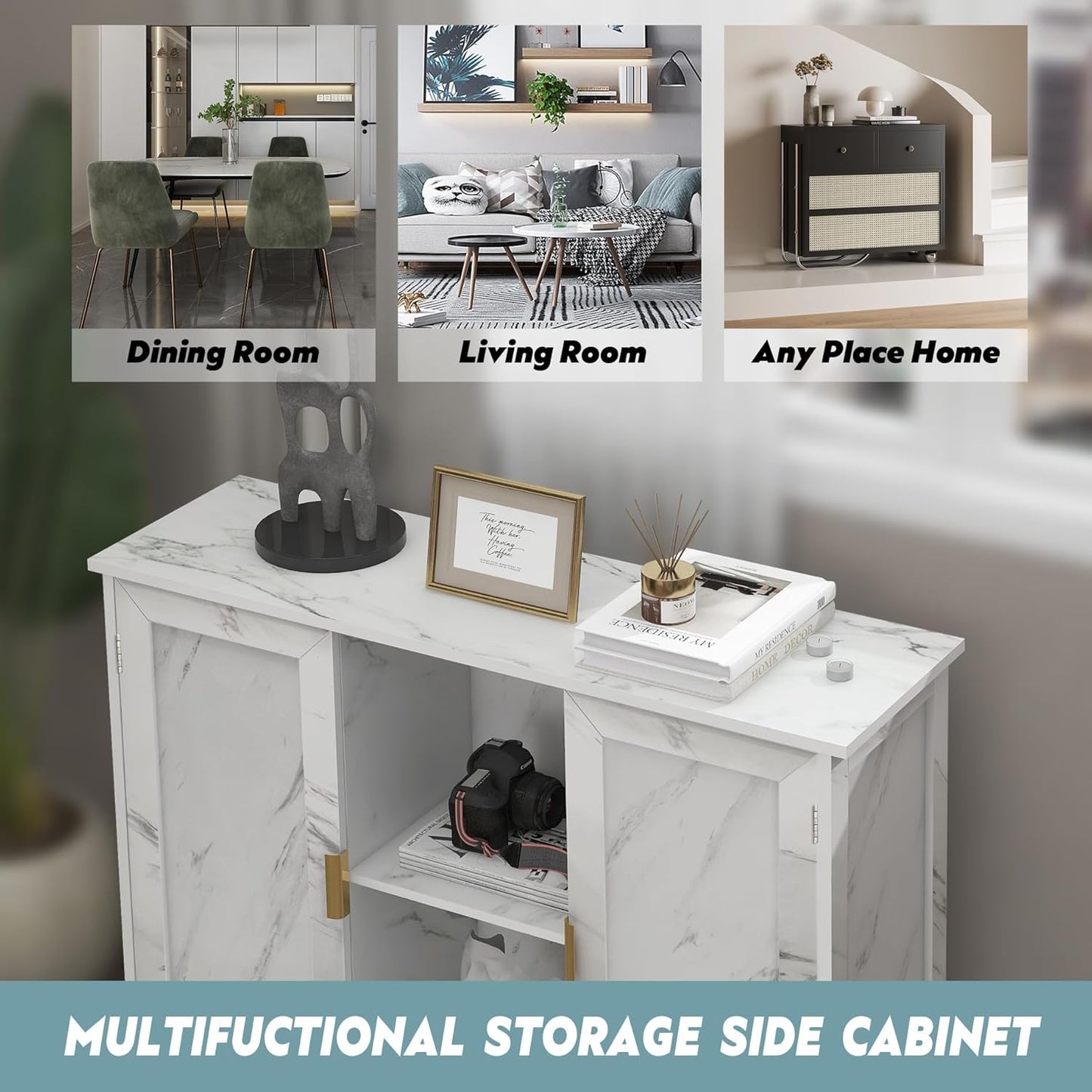 TaoHFE Marble Top Narrow Sideboard Cabinet,Modern White Marble Side Buffet Cabinet with Storage,Kitchen Island Narrow Sideboard for Kitchen for Living Room