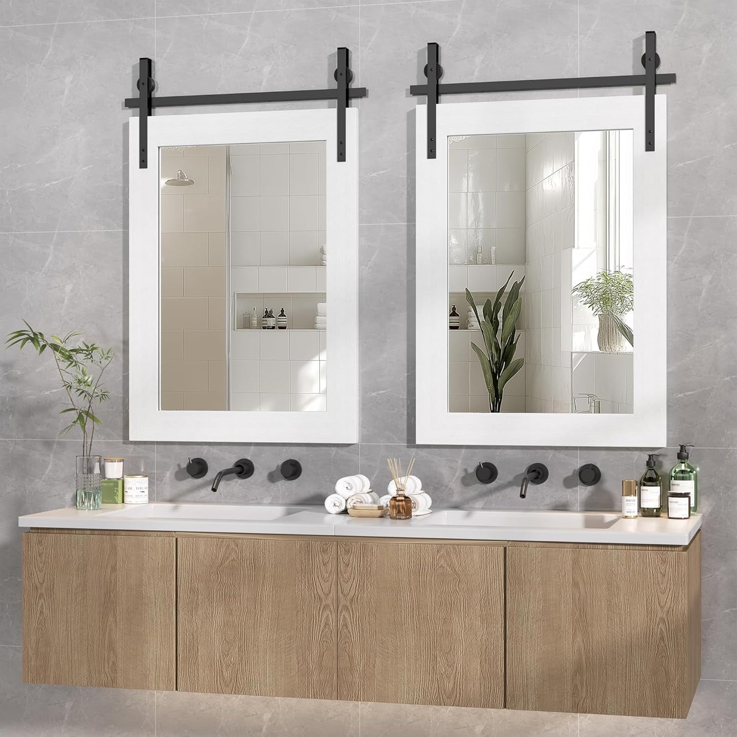 Hasipu Farmhouse Bathroom Mirror, 22"x30" Rustic Wood Framed Wall Mounted Mirror, White Vintage Vanity Mirror Barn Door Style Decrative Mirrors