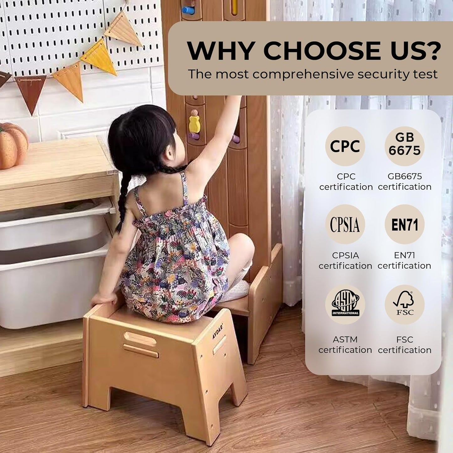 Wooden Step Stool for Kids, 14” One Step Stool for Toddlers, Heavy Duty Non-tip Non-Slip for Bedroom/Kitchen