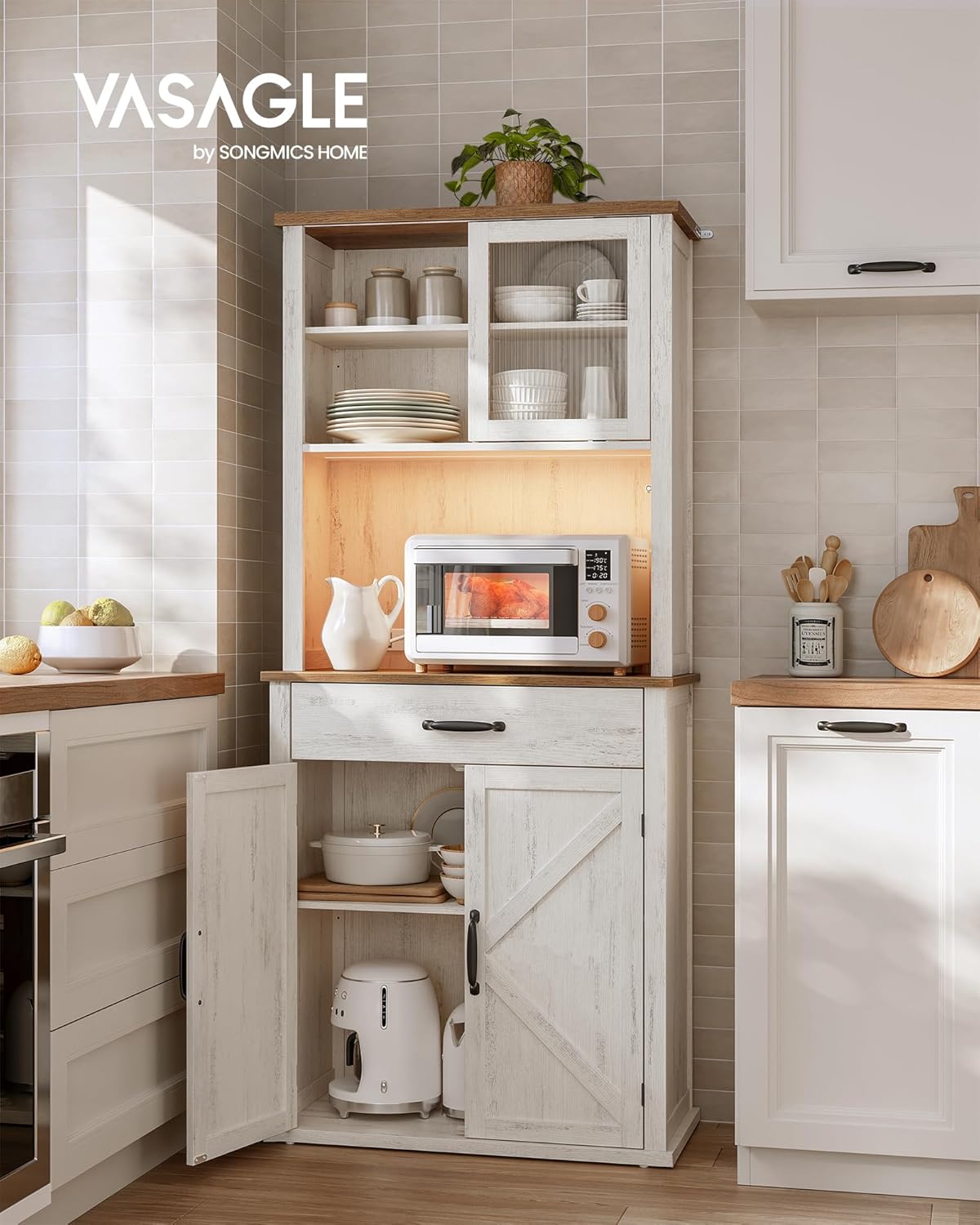 VASAGLE 71" Kitchen Pantry Cabinet with Lights and Charging Station, Coffee Bar Cabinet with Doors and Drawer, Farmhouse Style, Adjustable Shelves, Rustic White UBBK363W12