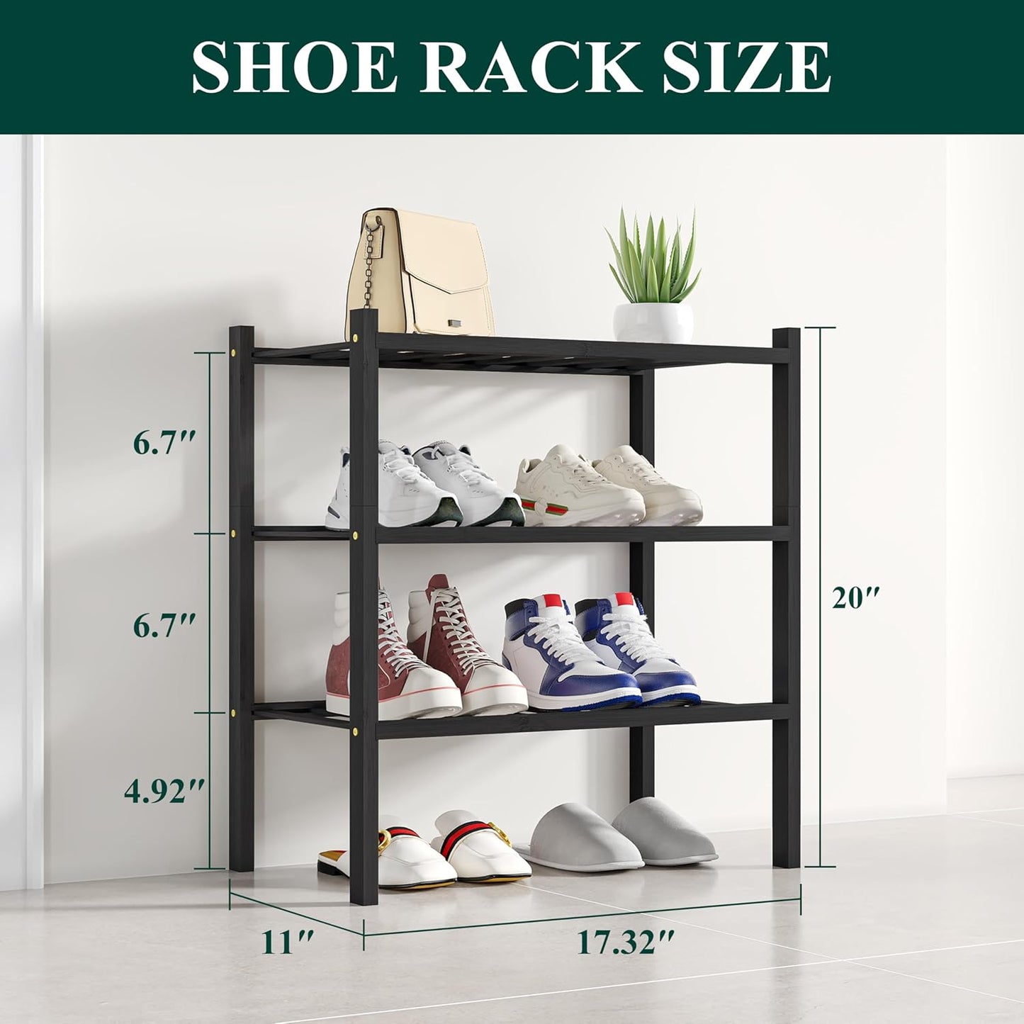 Smiry Shoe Rack, 3 Tier Small Bamboo Shoe Organizer, Stackable Free Standing Wooden Shoe Storage Shelf for Closet, Entryway, Front Door Entrance, Black