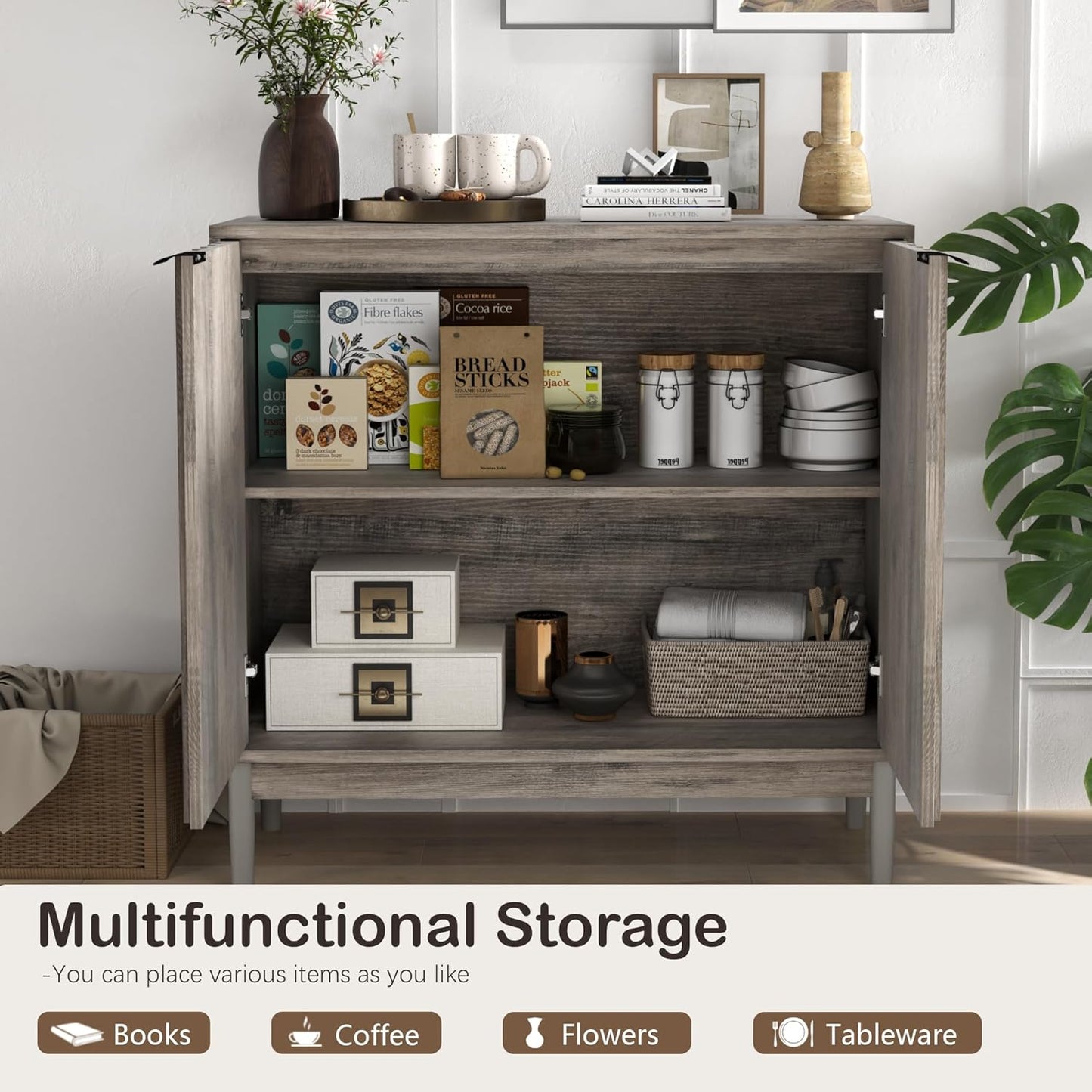 Fluted Cabinet with Storage, Small Buffet Cabinet Sideborad with Door, Kitchen Buffet Storage Accent Cabinets with Adjustable Shelves for Living Room, Entry, Hallway, Gray