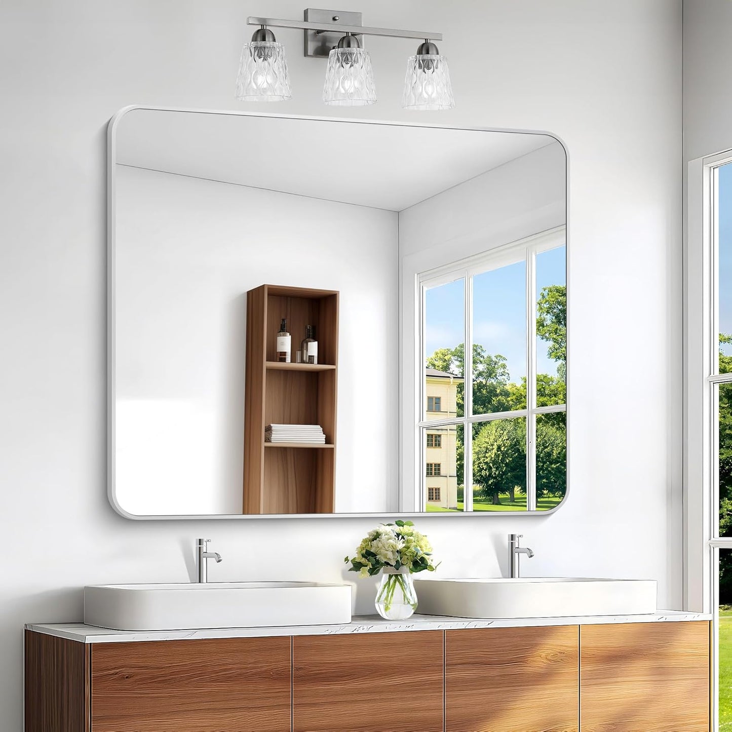 BONEWEI Silver Bathroom Mirror,40x48 inch Wall Mirror for Bathroom Wall Mounted,Rectangle Mirror for Bathroom Over Sink,Modern Frame Round Corner for Living Room,Bedroom Entryway,Horizontal/Vertical