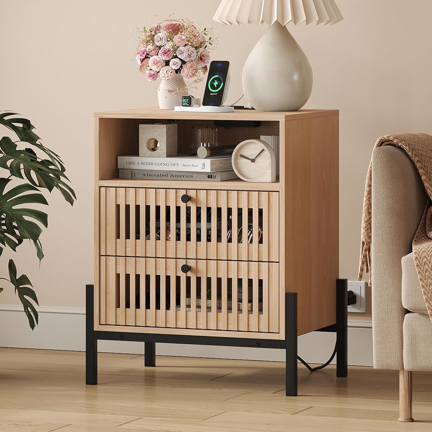 Vabches Nightstand with Charging Station and USB Ports,Industrial Style Fluted End Table, Bedside Table with 2 Drawers and Open Shelf, Sofa Side Table for Bedroom, Living Room, Set of 1