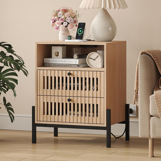 Vabches Nightstand with Charging Station and USB Ports,Industrial Style Fluted End Table, Bedside Table with 2 Drawers and Open Shelf, Sofa Side Table for Bedroom, Living Room, Set of 1