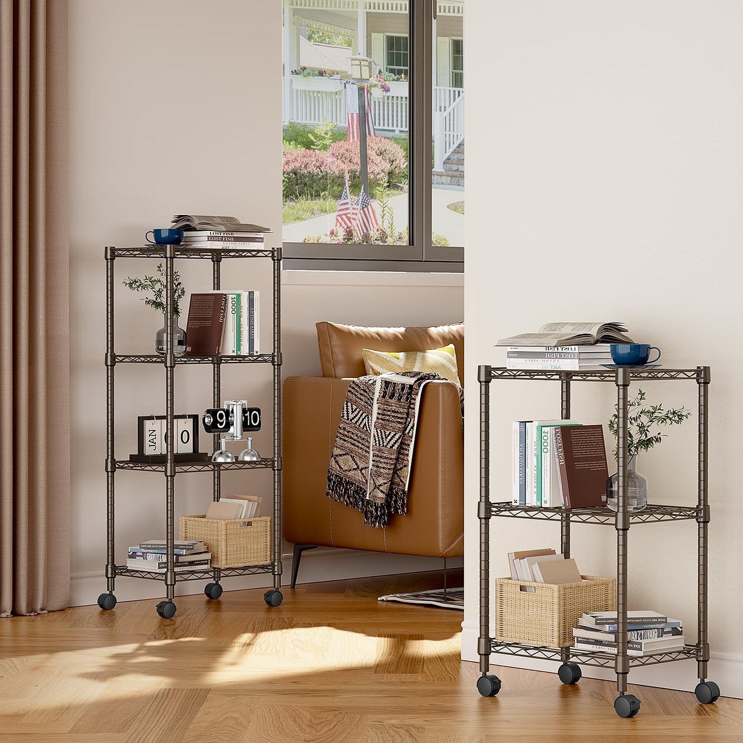 3 Tier Shelf Metal Storage Shelves Wire Rack Closet Organizers with Wheel for Garage Kitchen Bathroom Laundry Brown 11.8" D x 17.7" W x 29.8" H