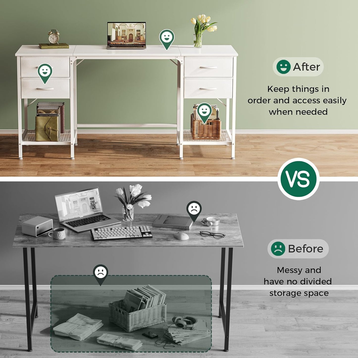 Huuger 63 Inch White Desk with 4 Drawers, Vanity Desk with Mesh Shelf, Large Storage, Computer Desk Office Desk for Home Office, Bedroom, Work from Home