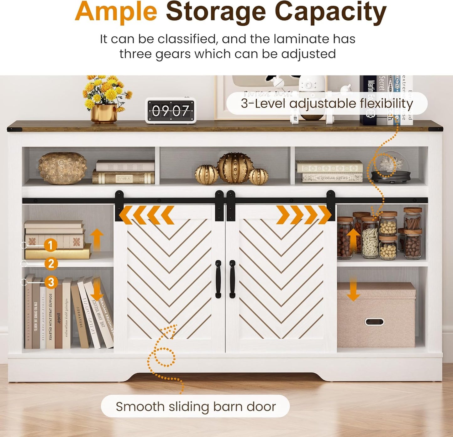 RoyalCraft Farmhouse TV Stand for 23" Electric Fireplace, Tall Entertainment Center for 65+ Inch TV, 34" Tall Rustic TV Console with Sliding Bar Door for Living Room, Wood-Tone and White