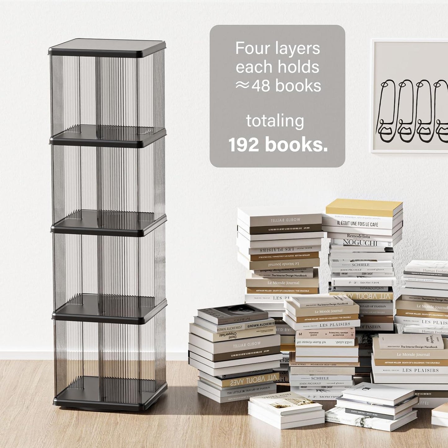 4 Tier Rotating Bookshelf, Small Corner Bookshelf for Small Space, 360 Display Floor Standing Bookcase, Lazy Susan Plastic Narrow Book Organizer Shelf for Bedroom, Living Room, Rectangular