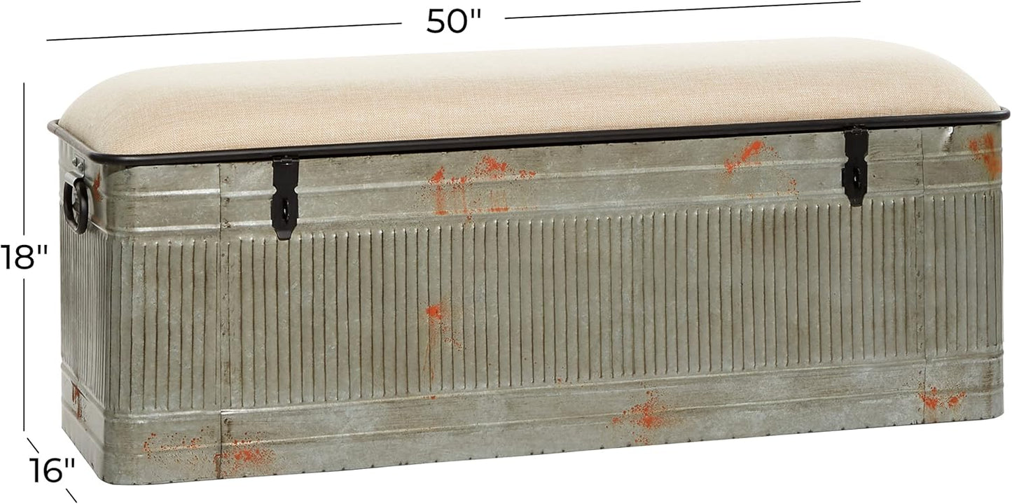 Deco 79 Metal Room Storage Bench Galvanized Entryway Bench with Cream Burlap Top, Bench 50" x 16" x 18", Gray