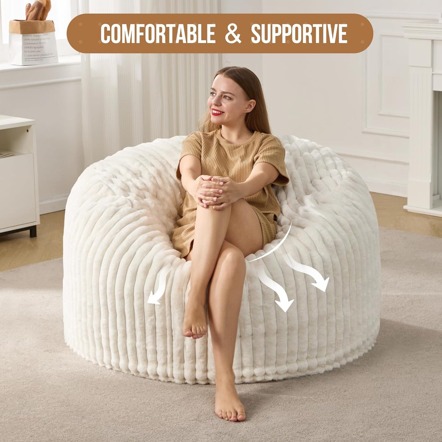 Hobestluk 4ft Bean Bag Chairs for Adults Large Beanbag Chair with Dutch Corded Plush Cover Big Bean Bag Chair for Living Room Bedroom Dorm Office - White (42" x 42" x 24")