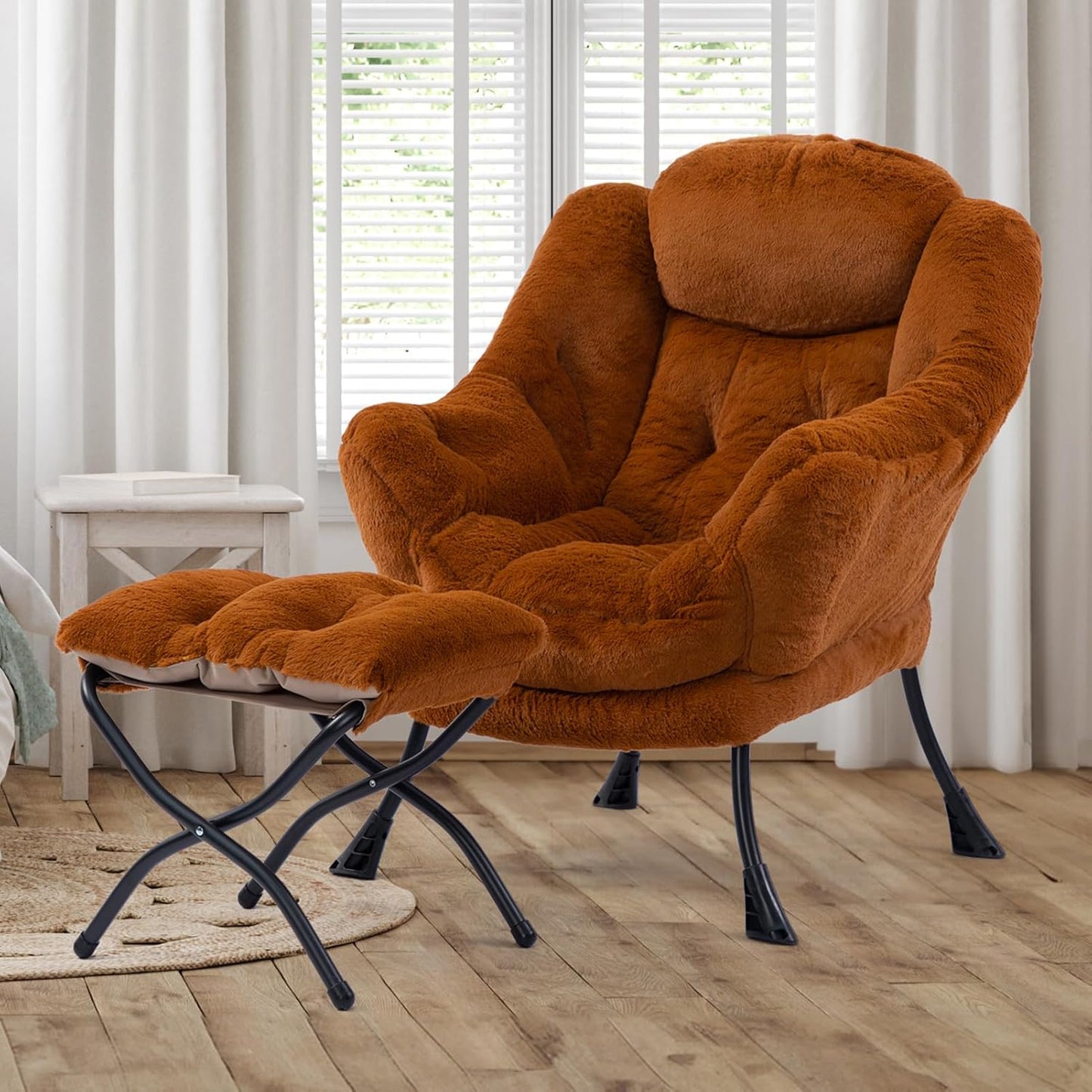 HollyHOME Fabric Lazy Chair with Foldable Ottoman, Accent Comfy Lounge Arm Chair and Folding Footrest Stool Set, Leisure Sofa Reading Chair and Footstool for Living Room, Bedroom, Dorm, Dark Brown