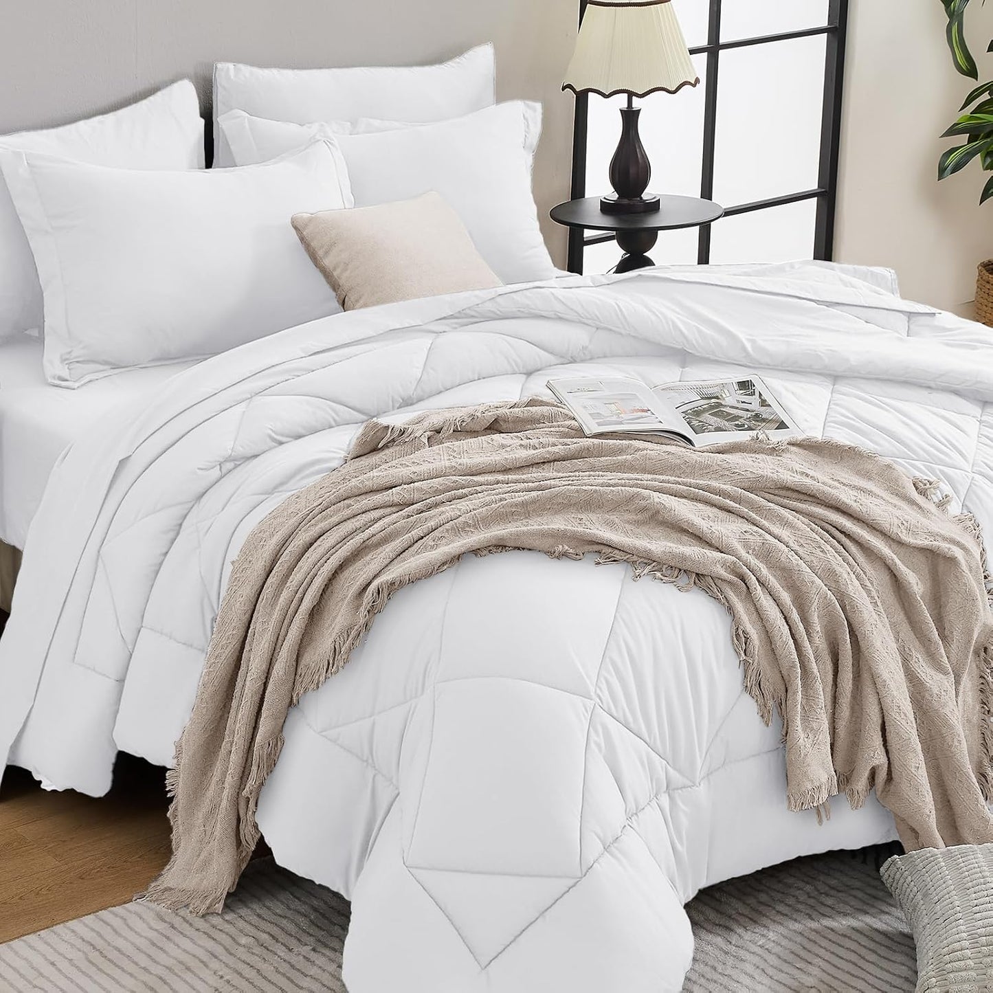 HEVUMYI King Comforter Set - 7-Piece All Season Bed in a Bag King, Ultra Soft Bedding Set with Comforter, Flat Sheet, Fitted Sheet, Pillowcases, Pillow Shams, White