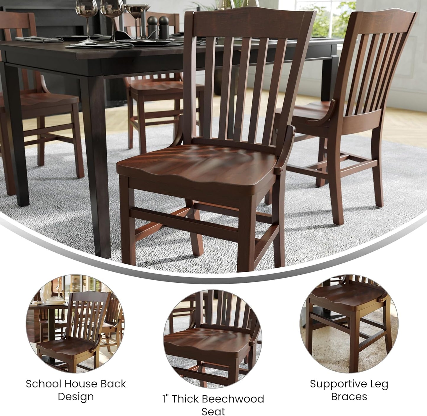 Flash Furniture Hercules Series School House Back Mahogany Wood Dining Chair, Traditional Elegant Wood Restaurant Chair, Walnut Wood