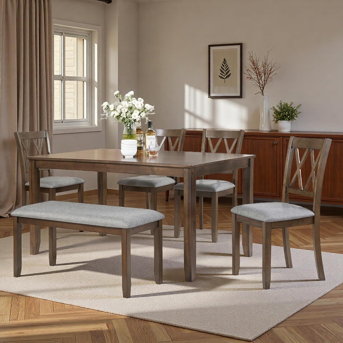 Dining Table Set, Wooden Kitchen Table Set with Rectangular Table, 4 Vertical X Backrest Upholstered Chairs & a Bench, Table and Chairs with Non-Slip Feetmats for 6 People, Living Room, Walnut
