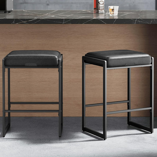 VASAGLE EKHO Collection - Bar Stools Set of 2, Counter Height Bar Stools, Synthetic Leather with Stitching, Mid-Century Modern Counter Stools, 26-Inch Tall, Kichen Home Bar Dining Room, Ink Black