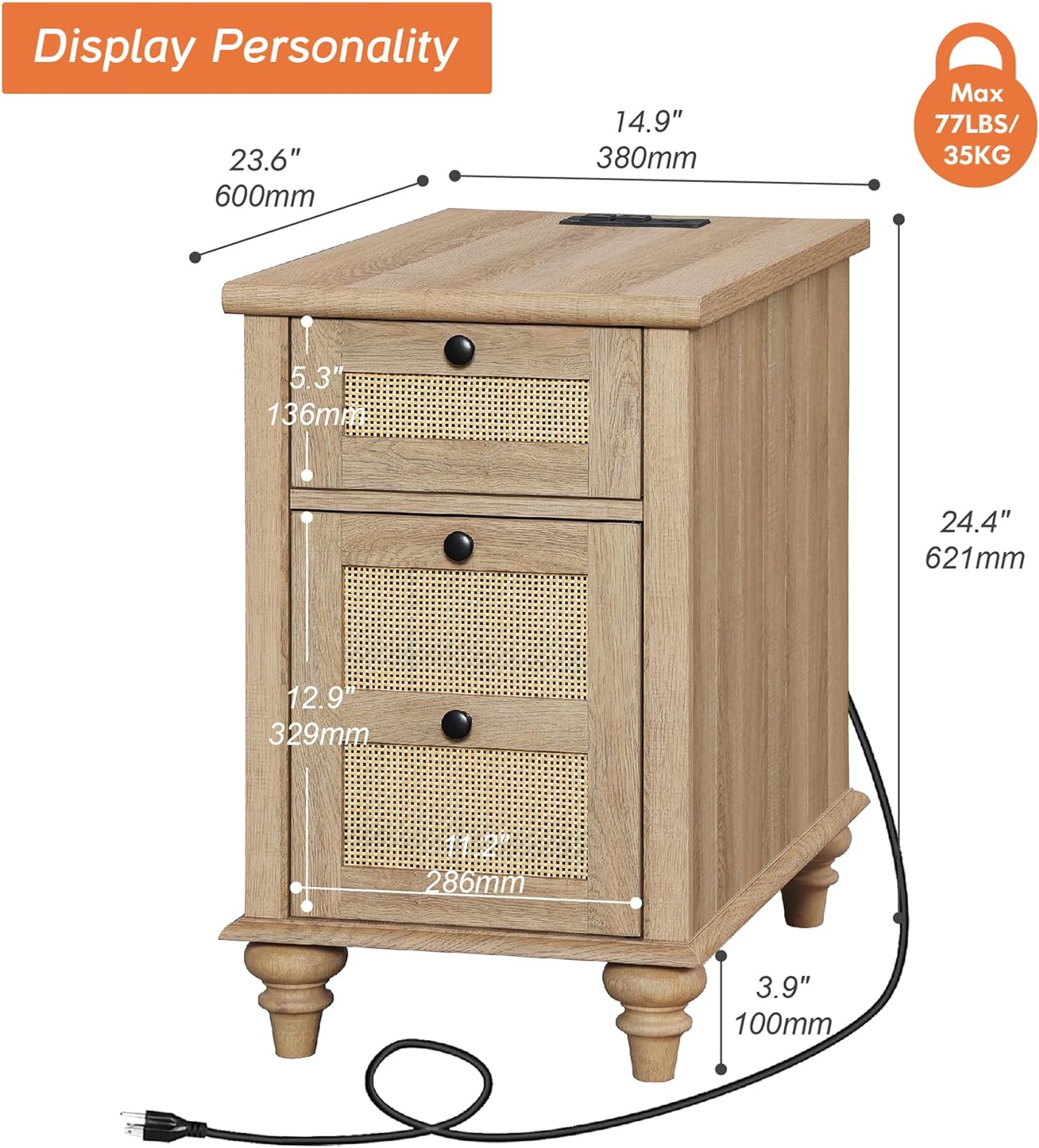 WAMPAT Farmhouse End Table with Charging Station, Rattan Side Table with Drawer & Storage Cabinet, Wooden Oak Nightstand with Power Outlets & USB Ports for Living Room, Bedroom, Burlywood