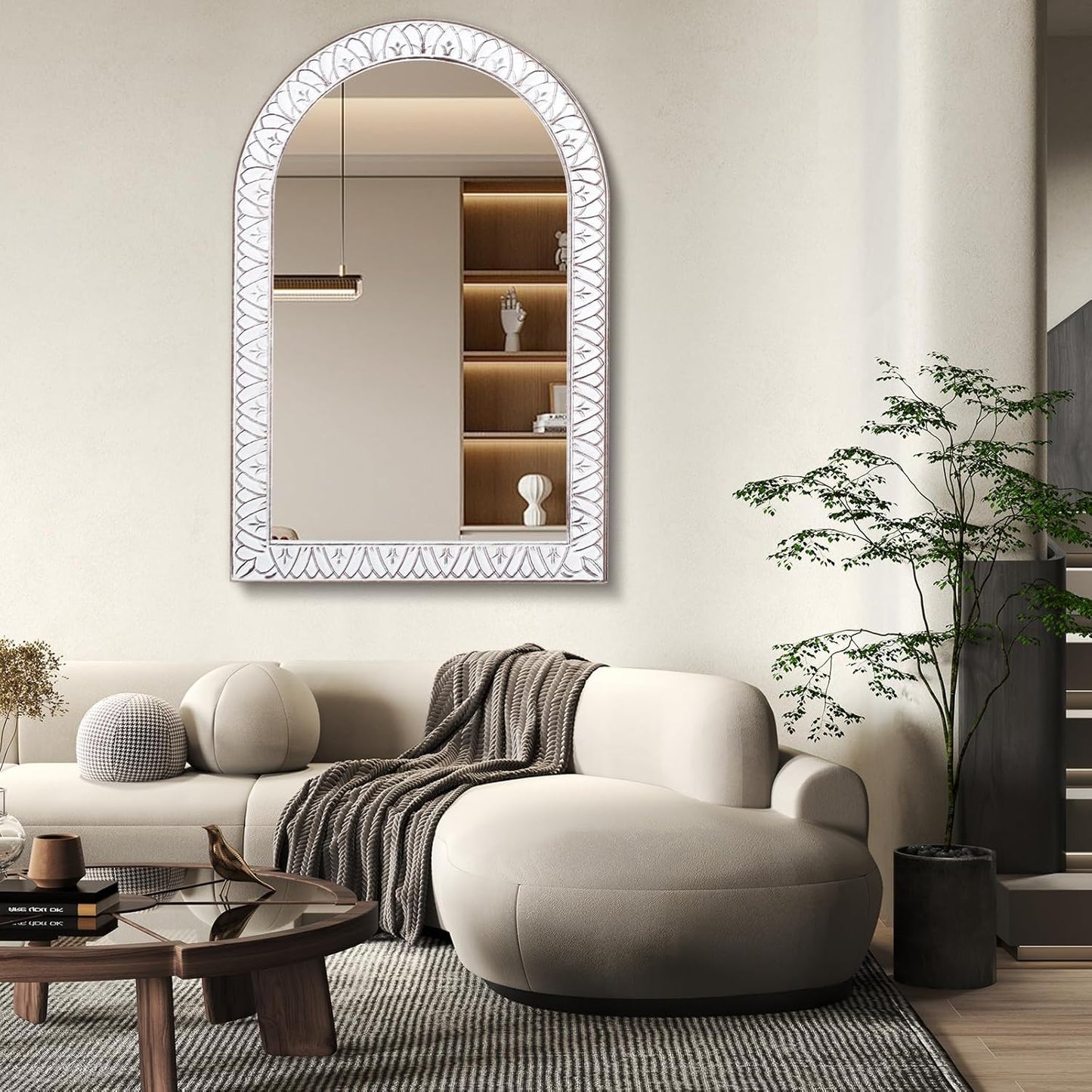 36x24 Inch Arched Wall Mirror with Wooden Frame, Rustic Farmhouse Decorative Arch Mirrors for Bathroom, Bedroom, Living Room, Entryway & Kitchen