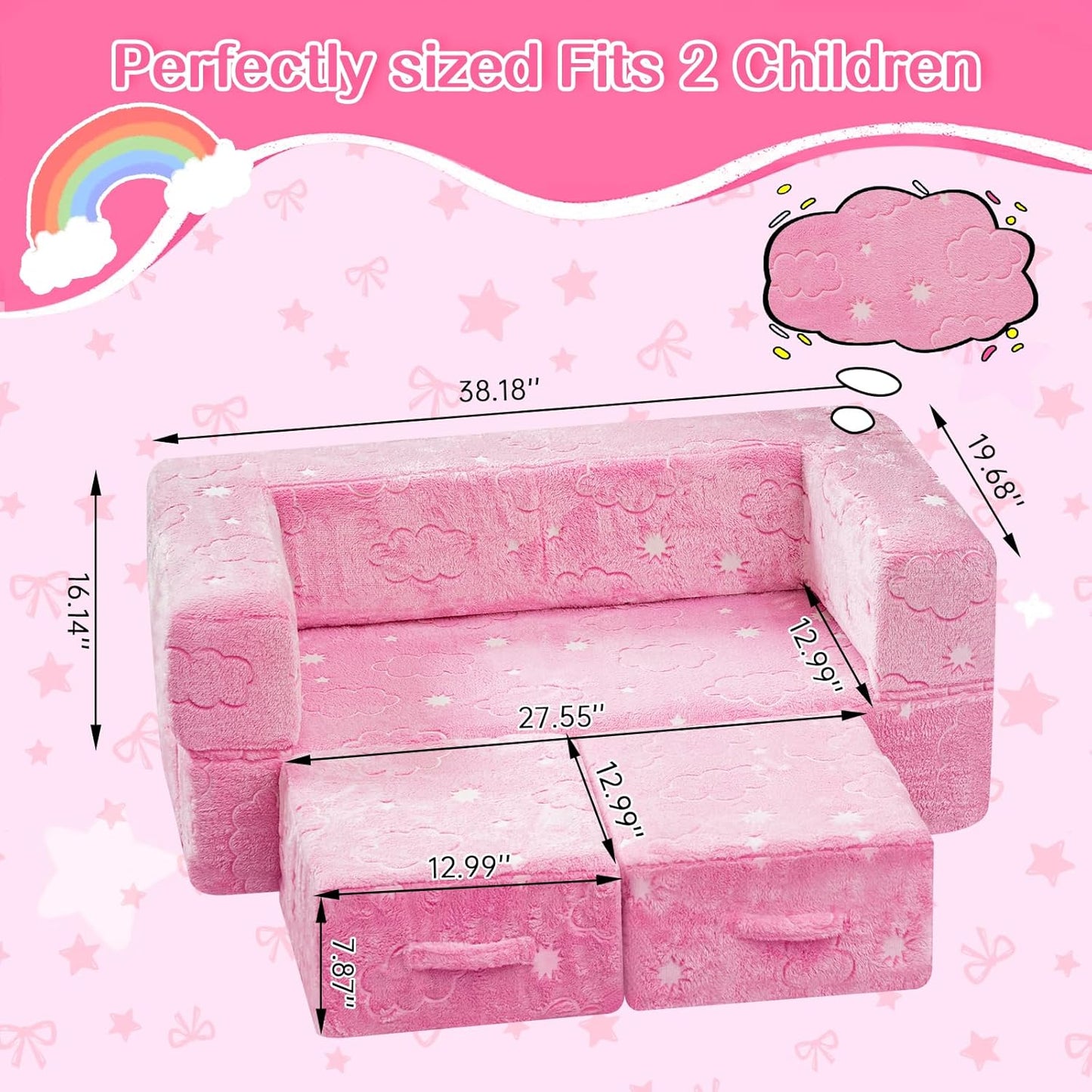 Lamerge Toddler Couch Glow in The Dark Toddler Fold Out Couch for playroom, Convertible Baby Fold Out Play Foam and Floor Cushion for Bedroom (Pink+Clouds)