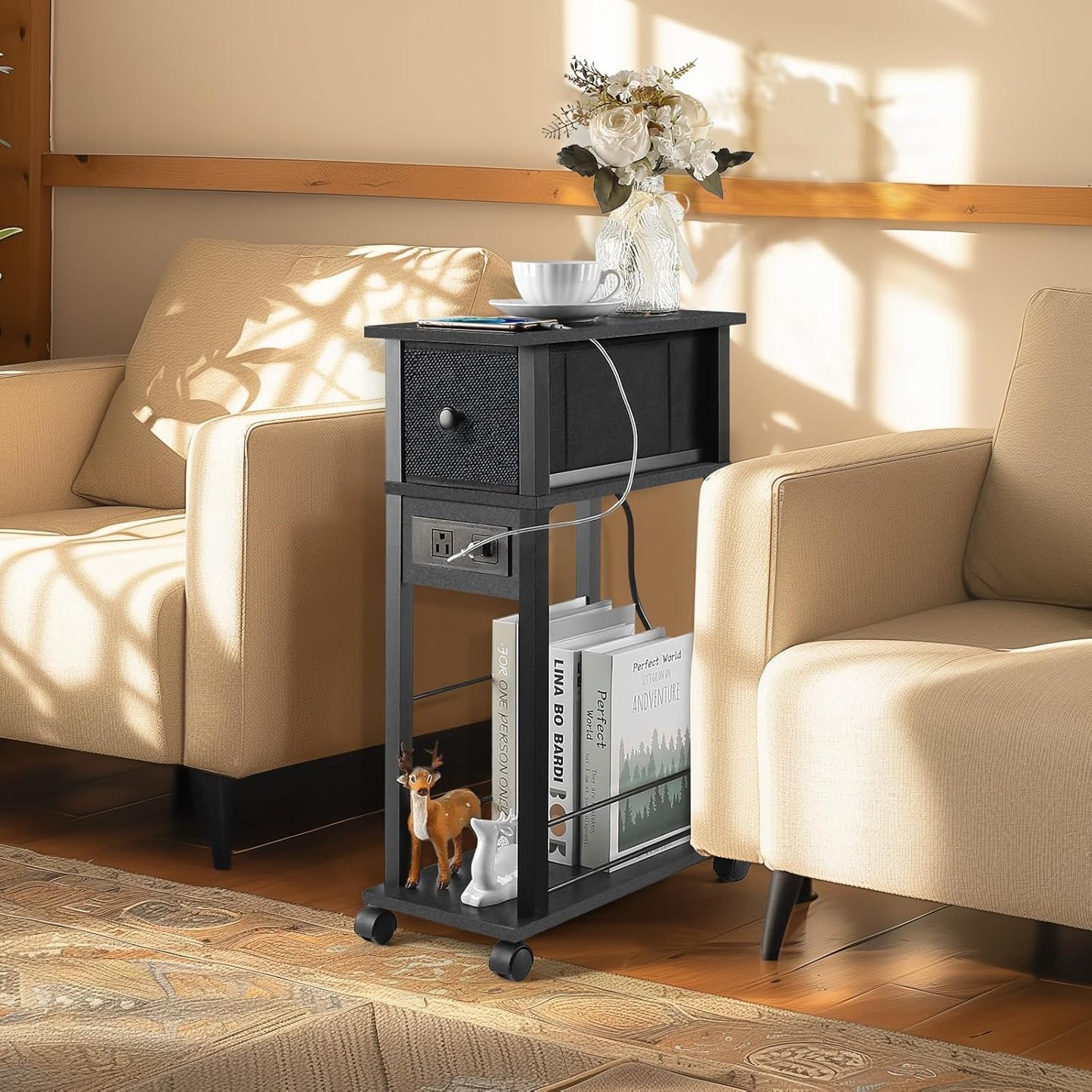 Side Table Set of 2,Side Table with Charging Station and Drawer, Narrow End Table with USB Ports and Outlets for Small Space, Living Room, Bedroom and Office, with 4 Wheels