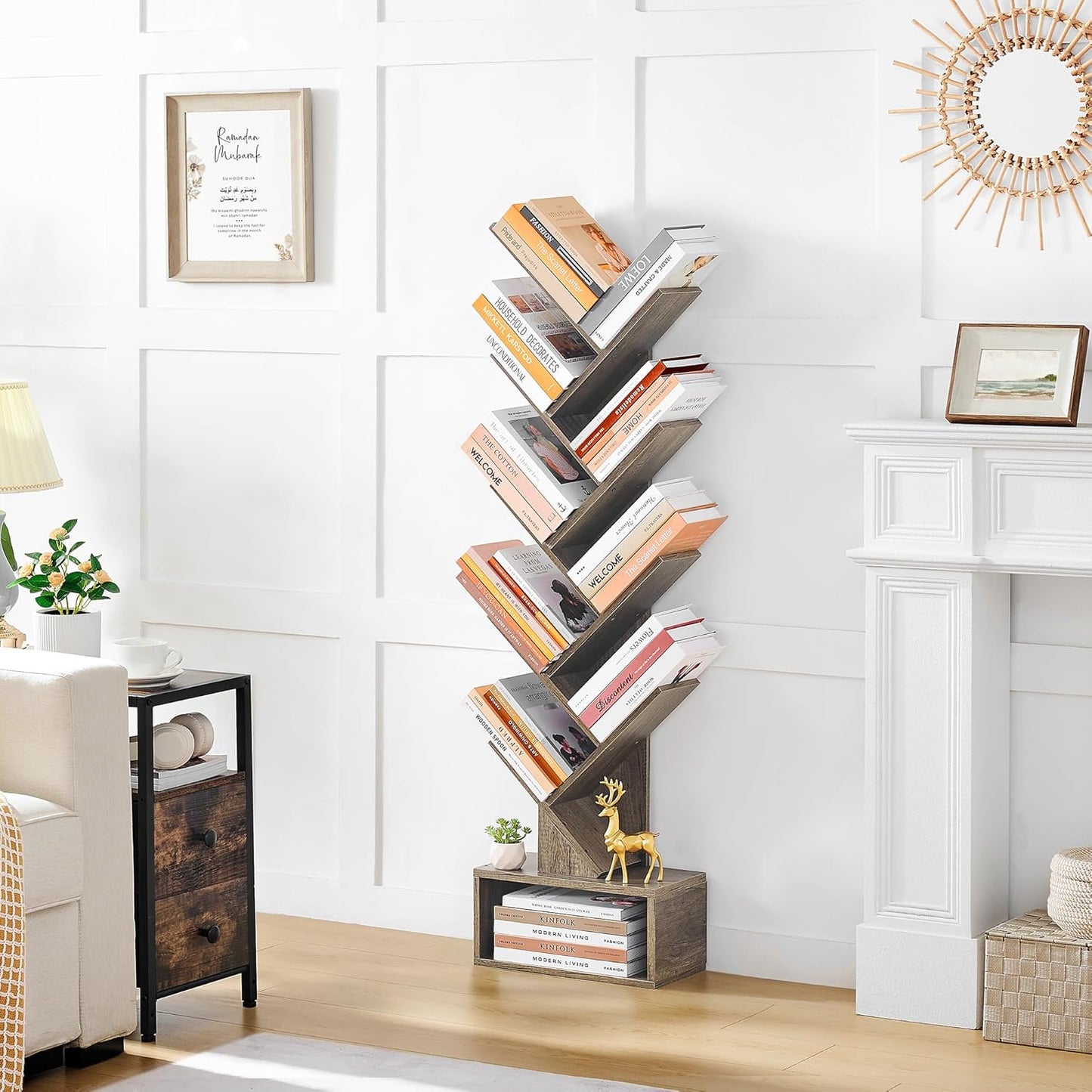 Hoctieon 9 Tier Tree Bookshelf, Tall Bookcase with Drawer, Wood Book Shelf, Modern Floor Standing Bookshelves, Book Organizer Shelves for Bedroom, Living Room, Home Office, Greige