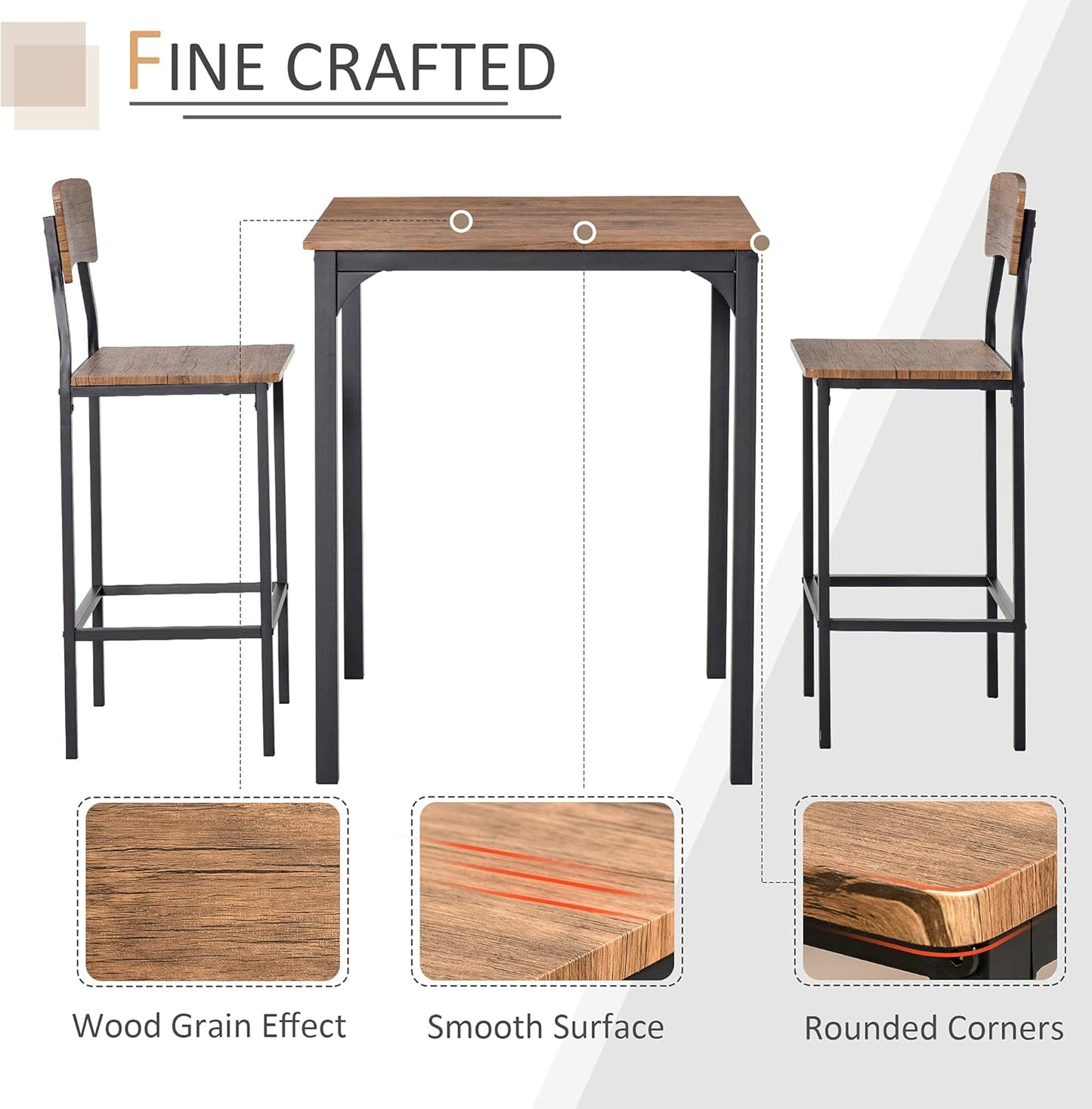 HOMCOM 3 Piece Industrial Counter Height Dining Table Set, Bar Table & Chairs with Steel Legs & Footrests, Black