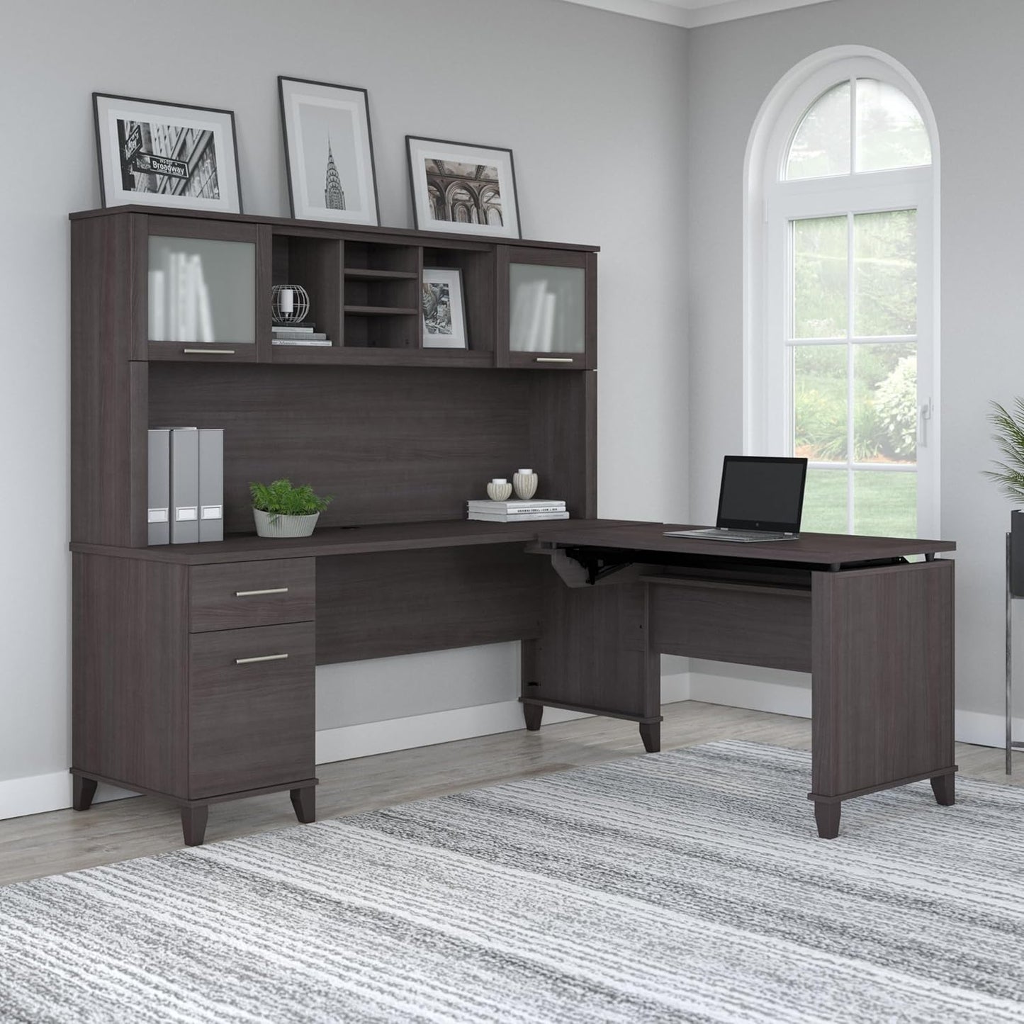 Bush Furniture Somerset 3 Position Sit to Stand L Shaped Desk with Hutch in Storm Gray | Ergonomic Height Adjustable Standing Computer/Laptop Table for Home Office