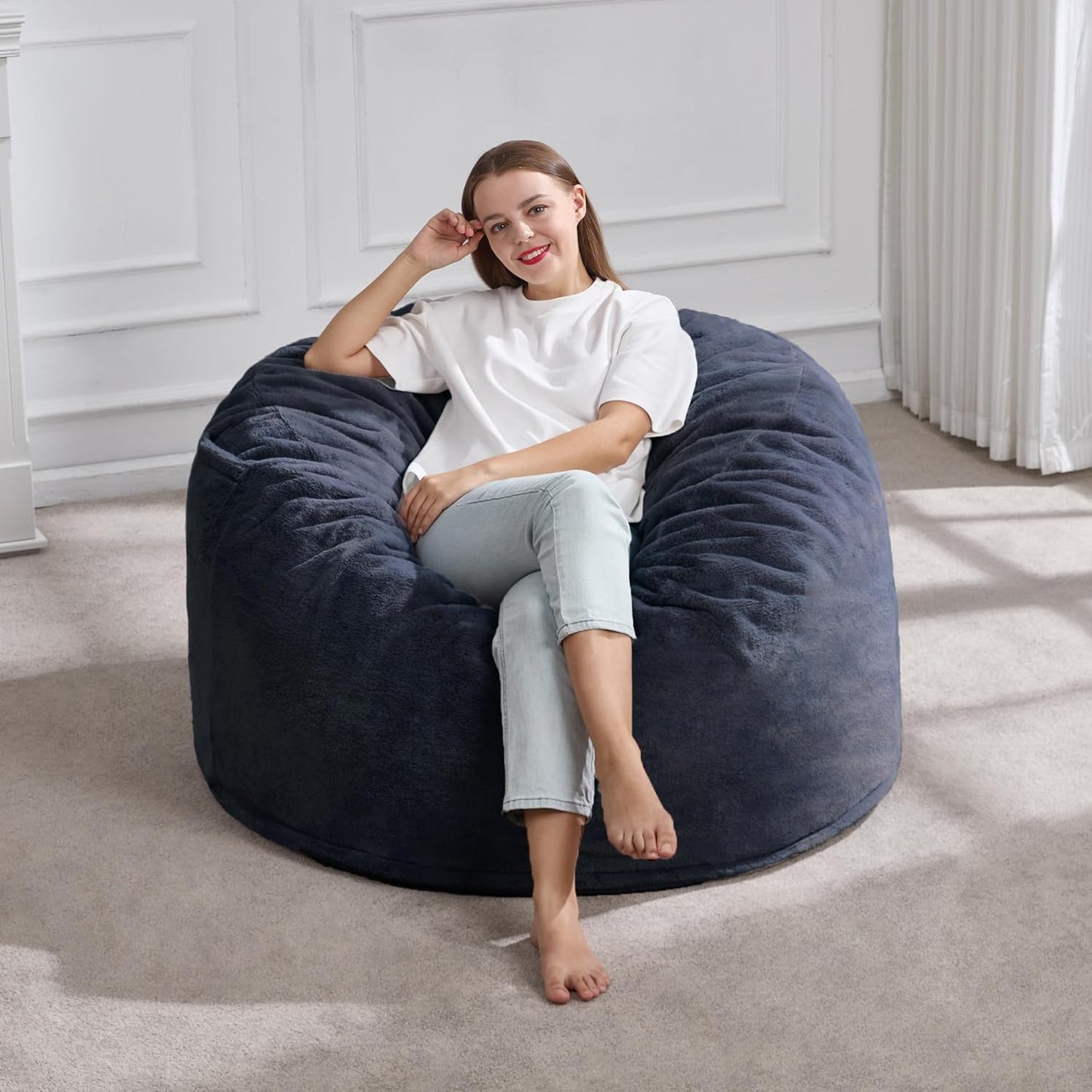 Hobestluk 3ft Bean Bag Chairs for Adults Large Beanbag Chair with Plush Faux Fur Cover Big Bean Bag Chair for Living Room Bedroom Dorm Office - Dark Grey (36” x 36” x 22”)