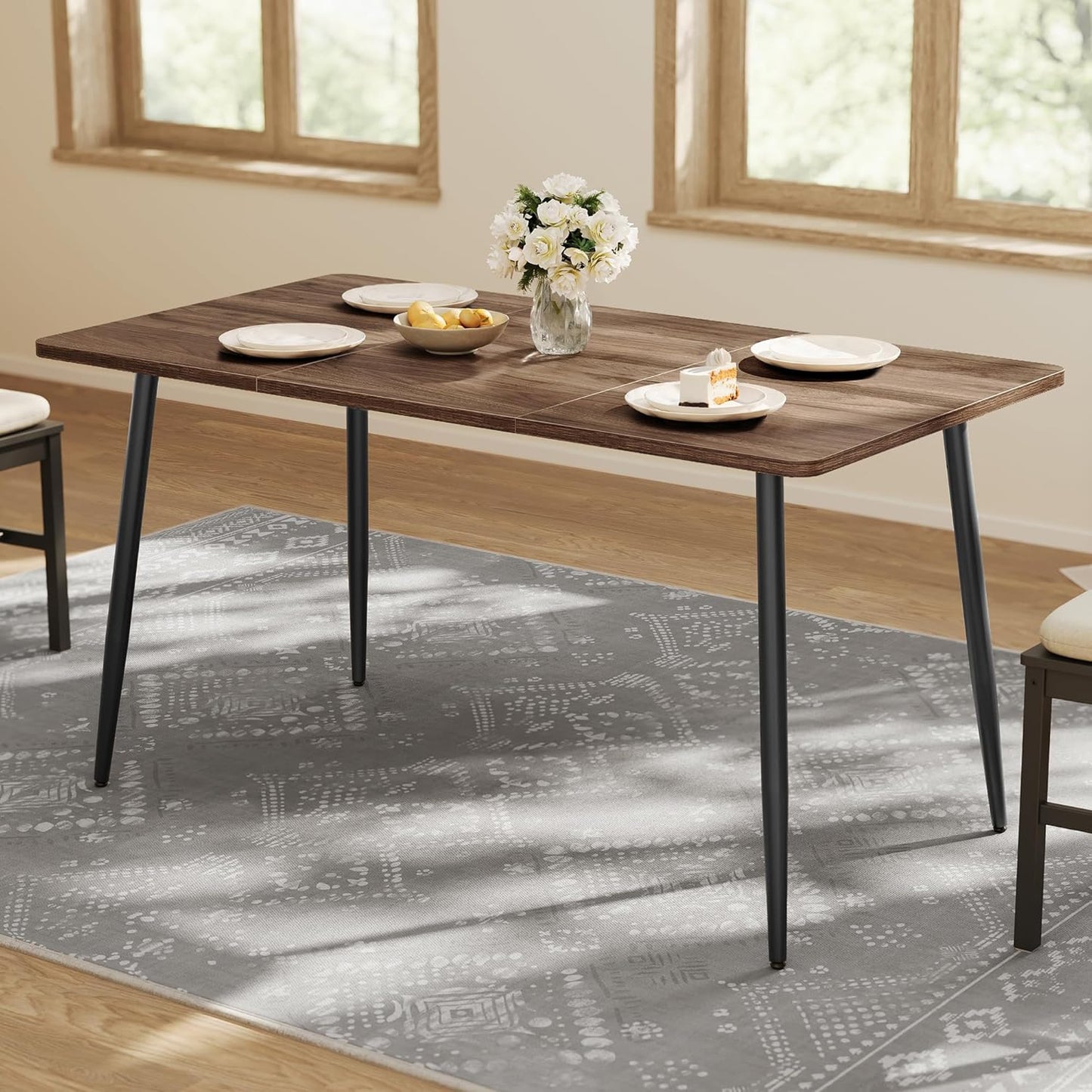 VASAGLE Dining Table, Dining Room Table for 4-6 People, Modern Farmhouse, for Kitchen, Quick Assembly, Heat-Resistant Surface, 29.5 x 55.1 x 29.5 Inches, Natural Walnut and Ink Black UKDT100K02V1