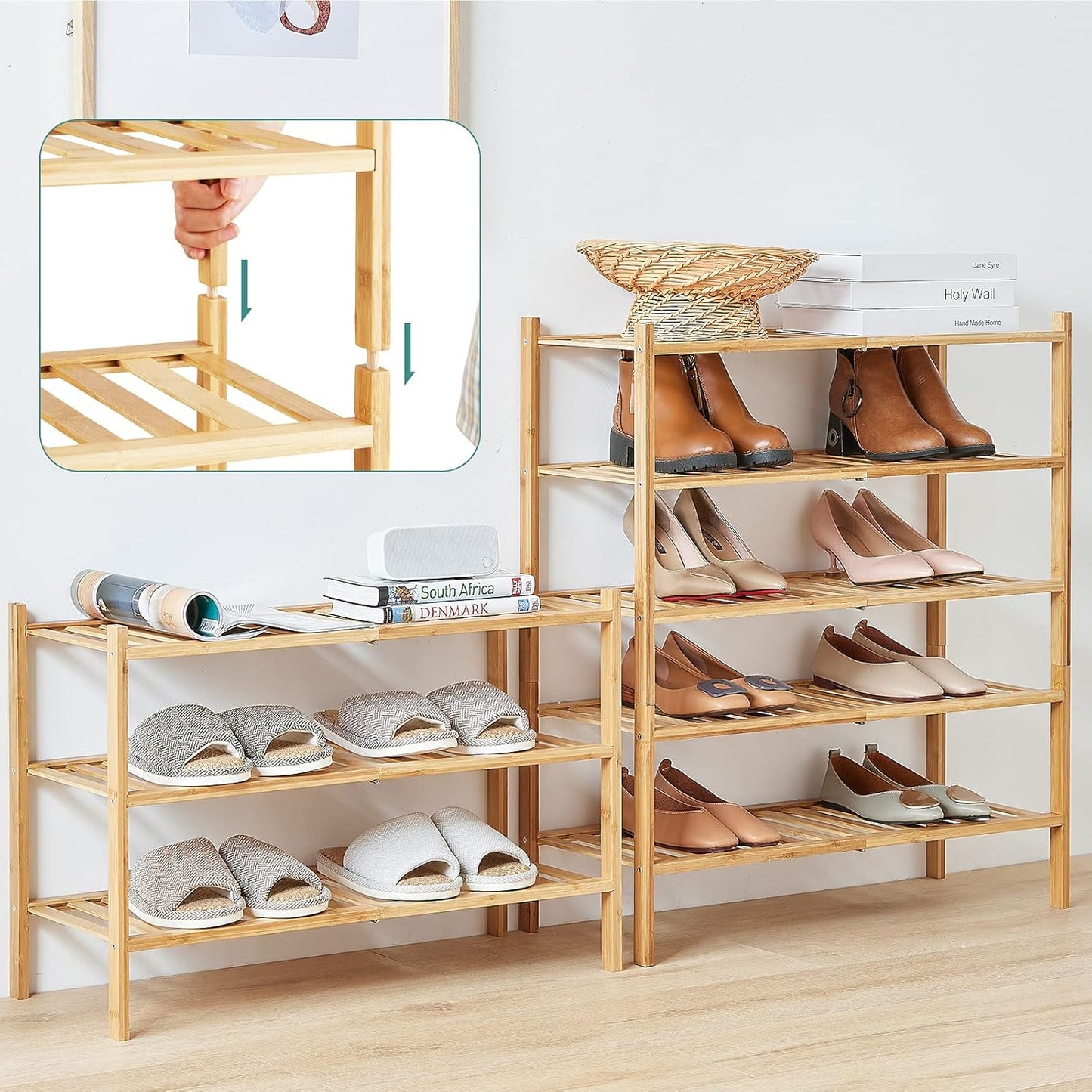 4-Tier Bamboo Shoe Rack for Entryway, Stackable | Foldable | Natural, Shoe Organizer for Hallway Closet, Free Standing Shoe Racks for Indoor Outdoor
